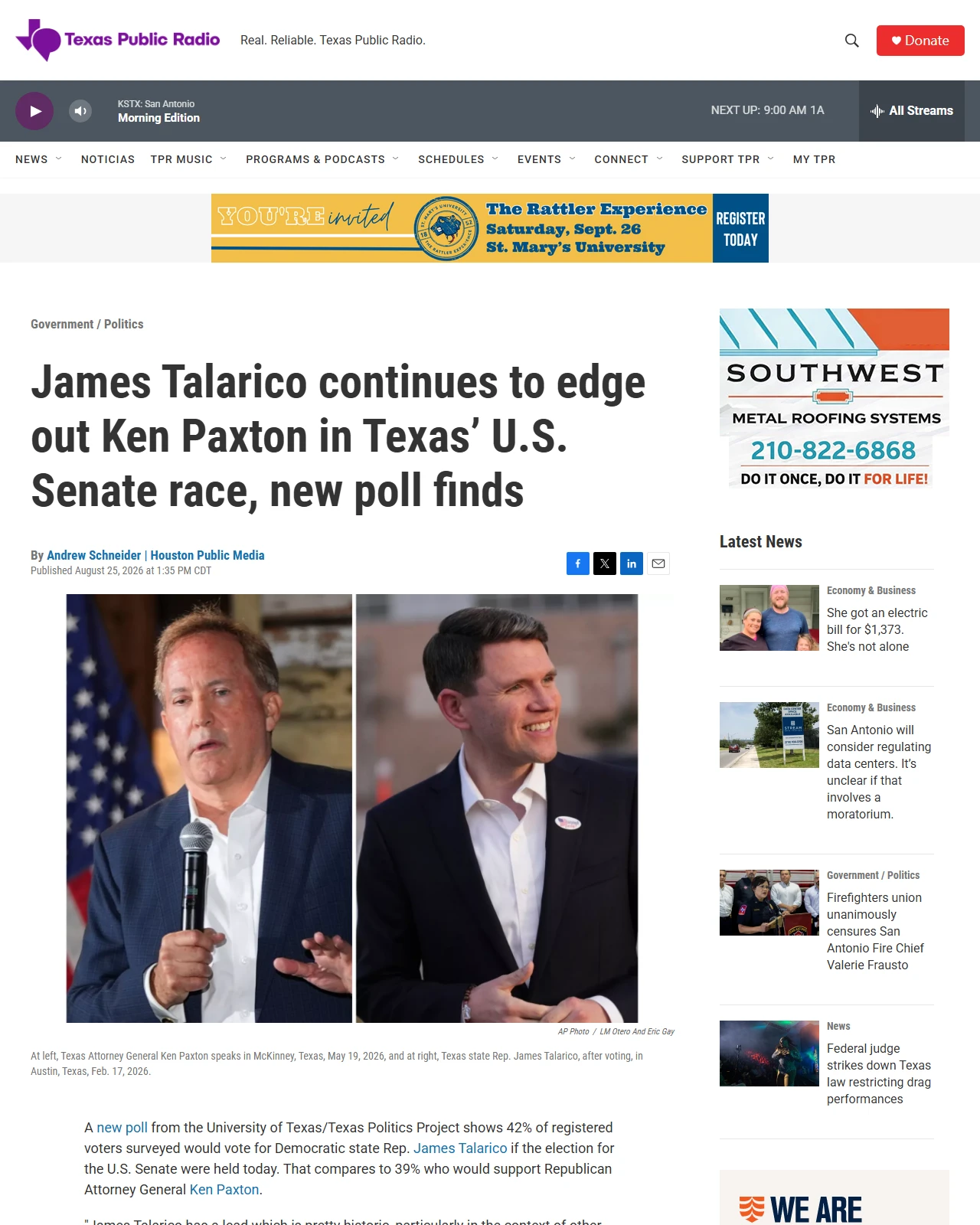 tpr.org as published: James Talarico continues to edge out Ken Paxton in Texas’ U.S. Senate race, new poll finds