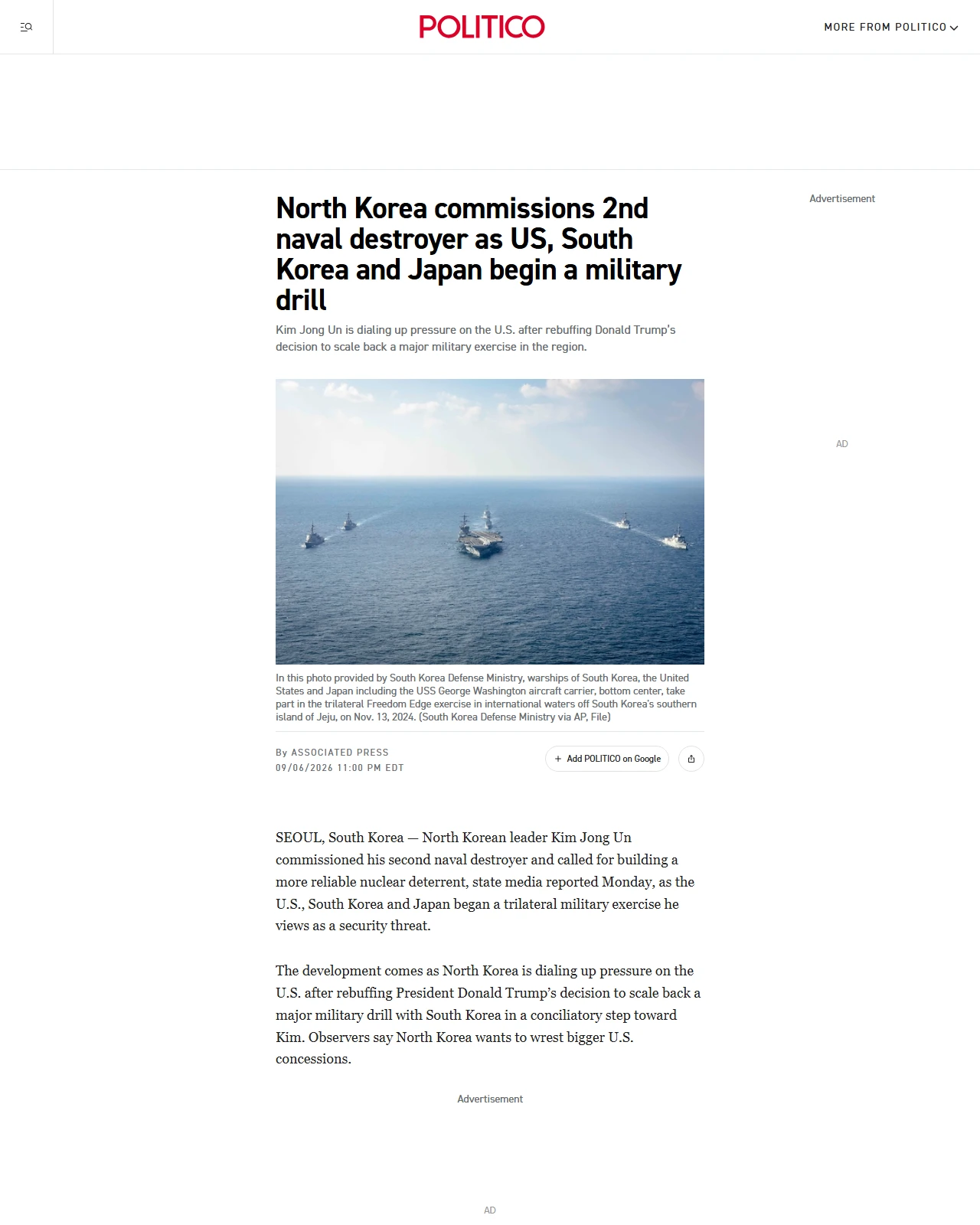 politico.com as published: North Korea commissions 2nd naval destroyer as US, South Korea and Japan begin a military drill