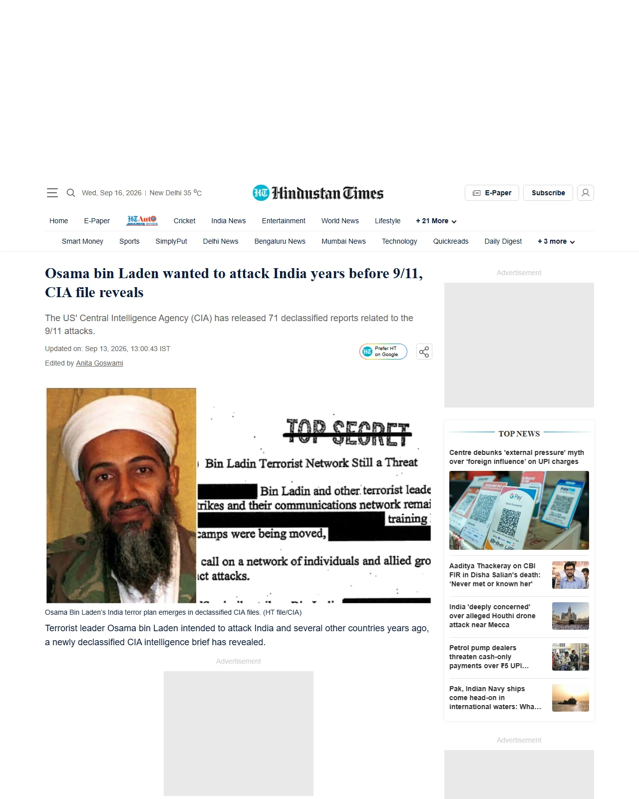 hindustantimes.com as published: Osama bin Laden wanted to attack India years before 9/11, CIA file reveals | India News