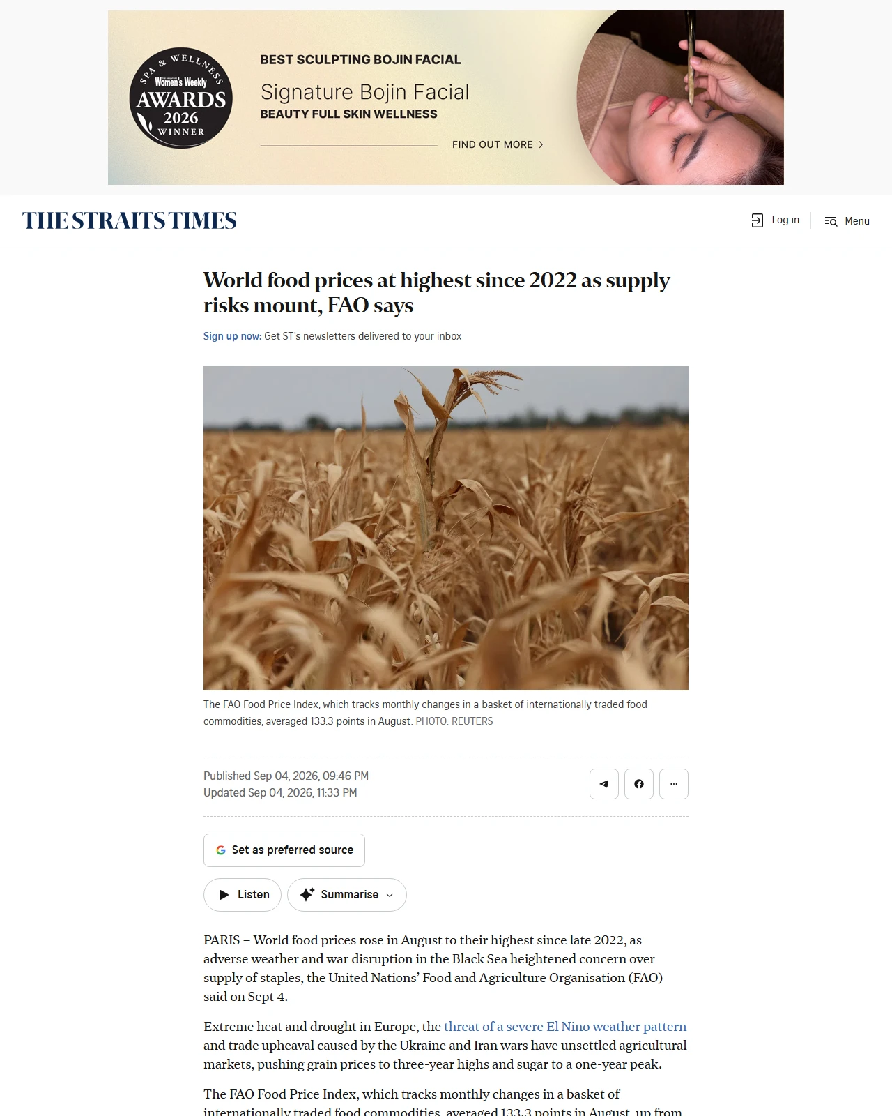 straitstimes.com as published: World food prices at highest since 2022 as supply risks mount, FAO says