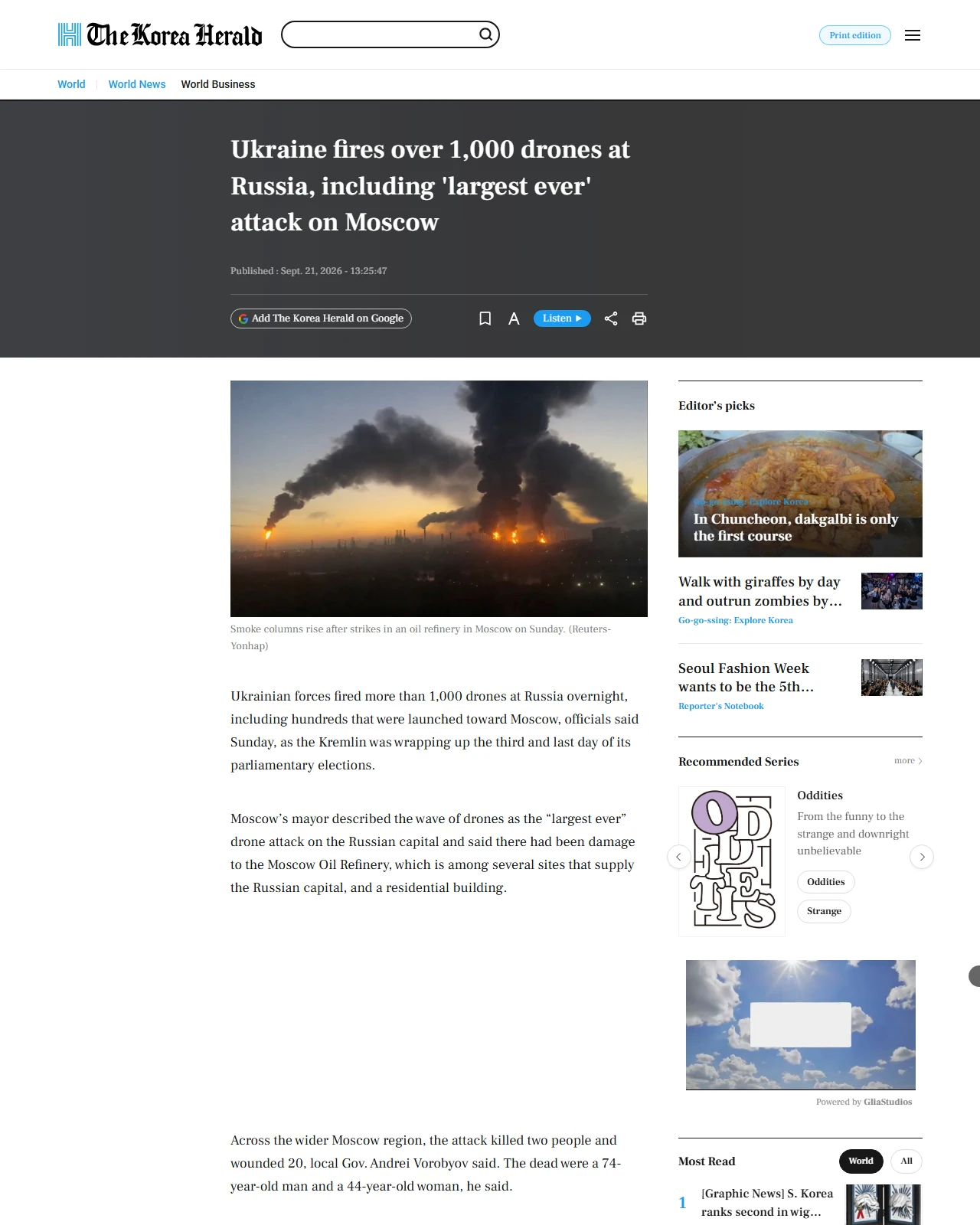 koreaherald.com as published: Ukraine fires over 1,000 drones at Russia, including 'largest ever' attack on Moscow