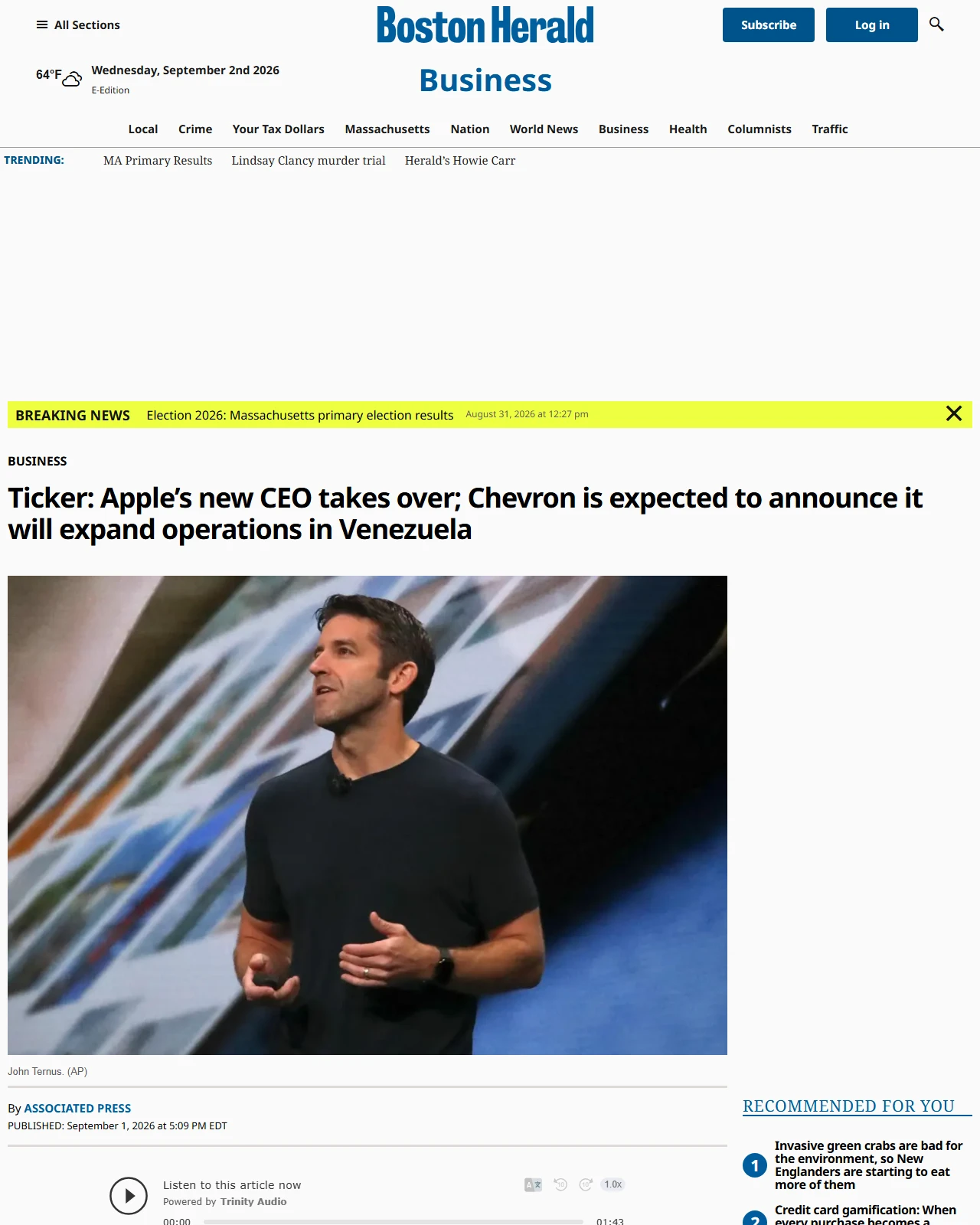 bostonherald.com as published: Ticker: Apple's new CEO takes over; Chevron is expected to announce it will expand operations in Venezuela