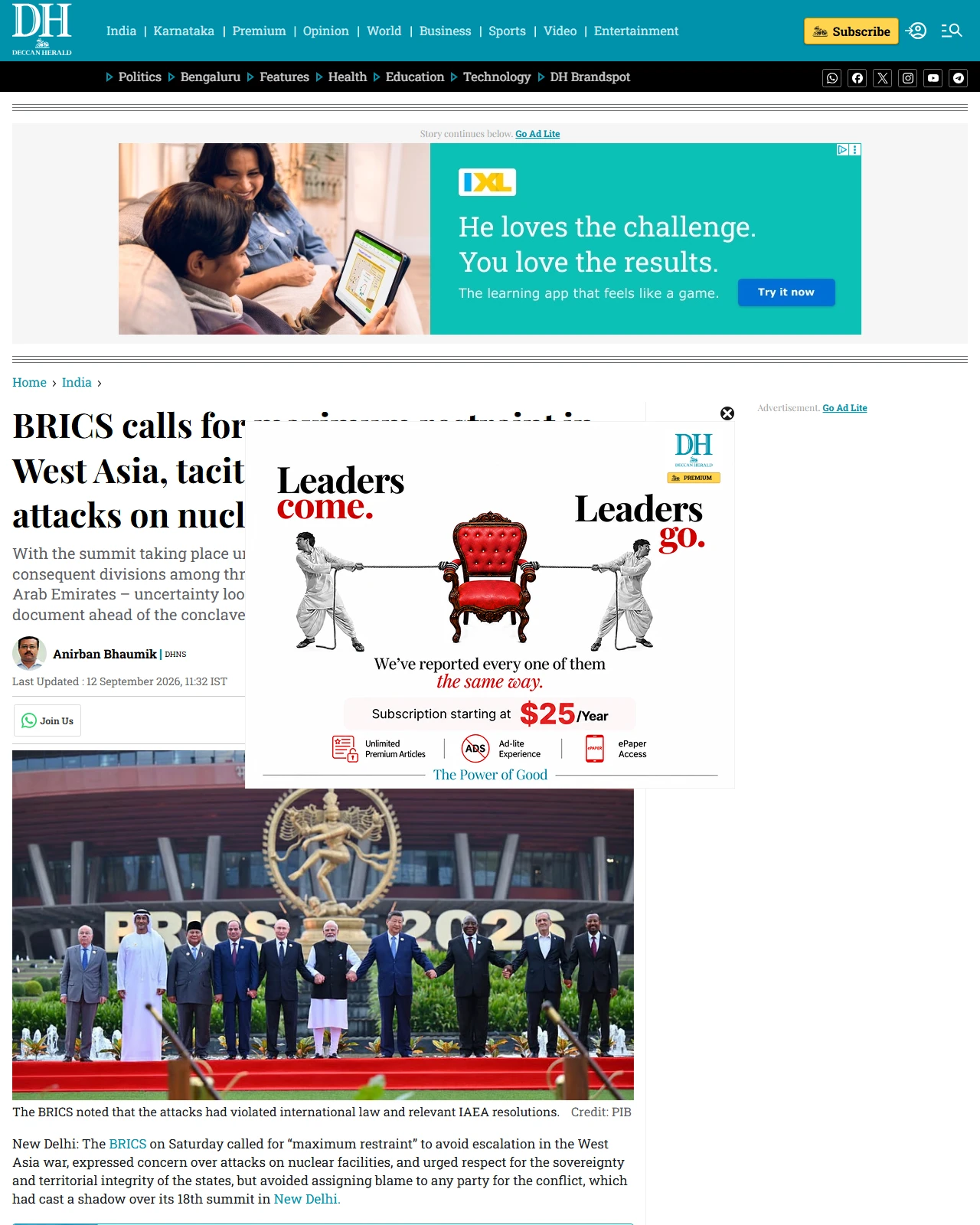 deccanherald.com as published: BRICS calls for maximum restraint in West Asia, tacitly slams US, Israeli attacks on nuclear facilities in Iran