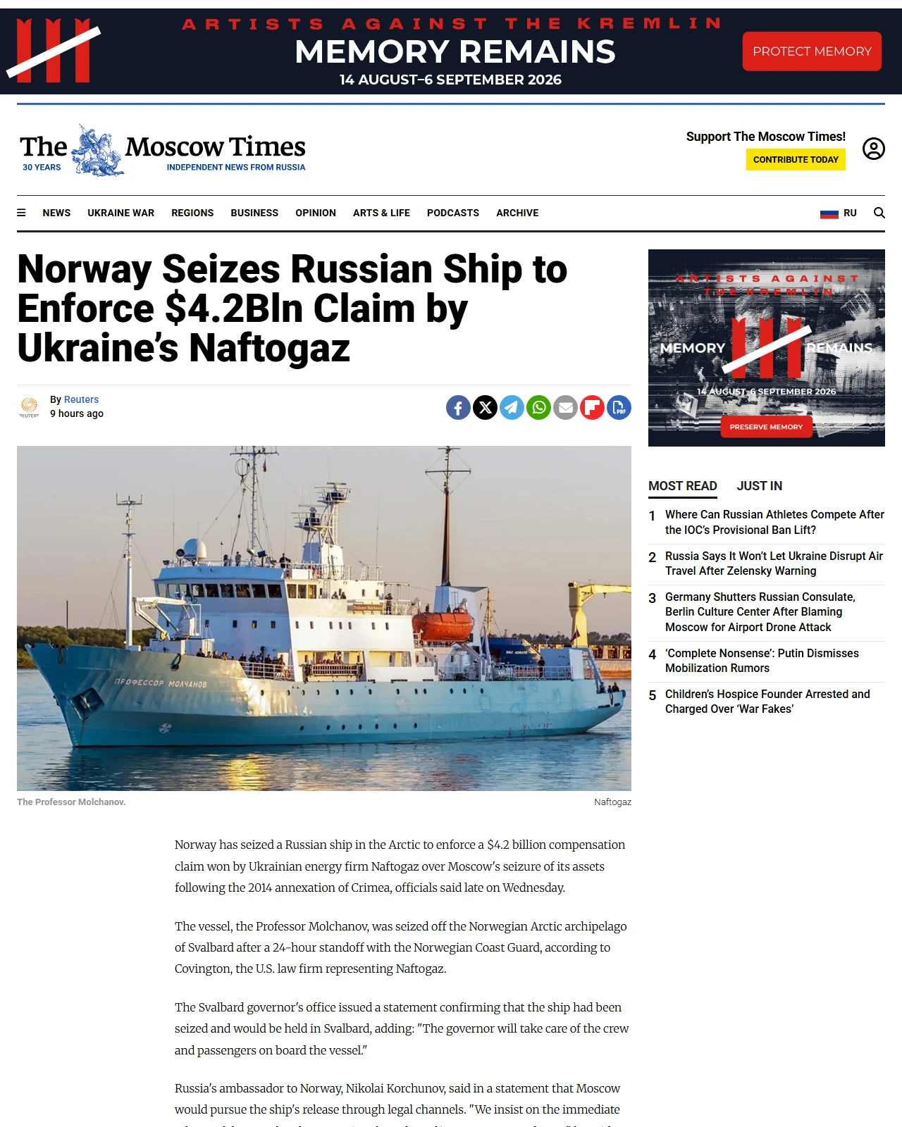 themoscowtimes.com as published: Norway Seizes Russian Ship to Enforce $4.2Bln Claim by Ukraine’s Naftogaz