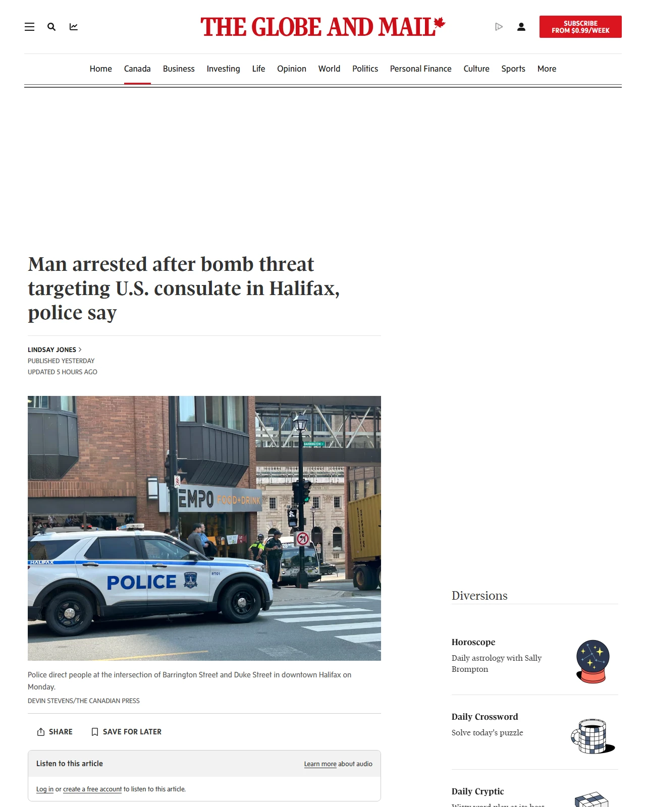 theglobeandmail.com as published: Man arrested after bomb threat targeting U.S. consulate in Halifax, police say