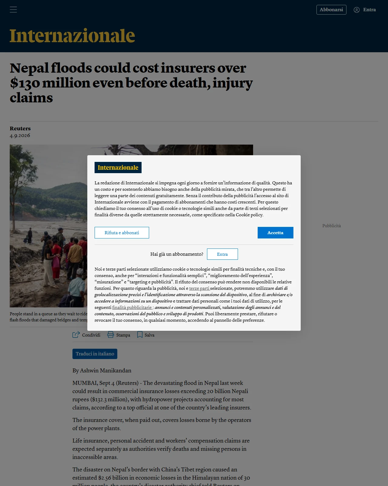 internazionale.it as published: Nepal floods could cost insurers over $130 million even before death, injury claims