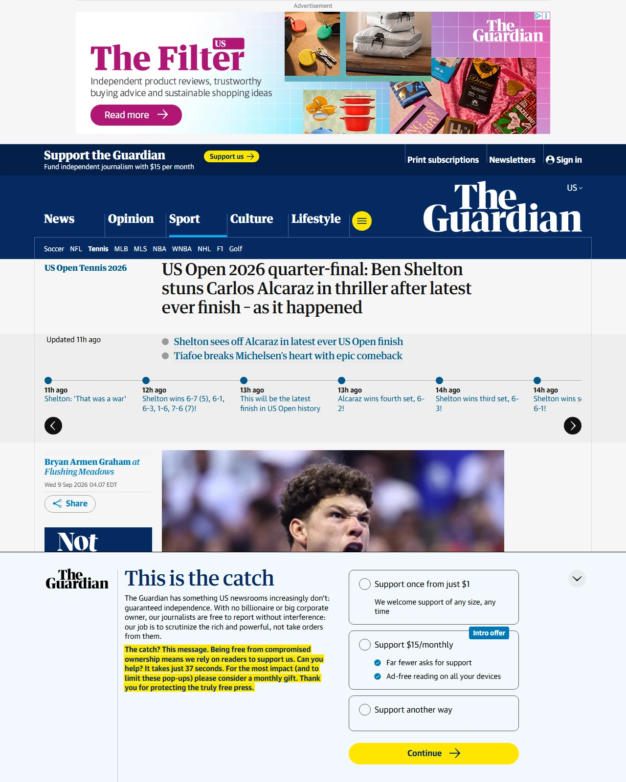 theguardian.com as published: US Open 2026 quarter-final: Ben Shelton stuns Carlos Alcaraz in thriller after latest ever finish – as it happened