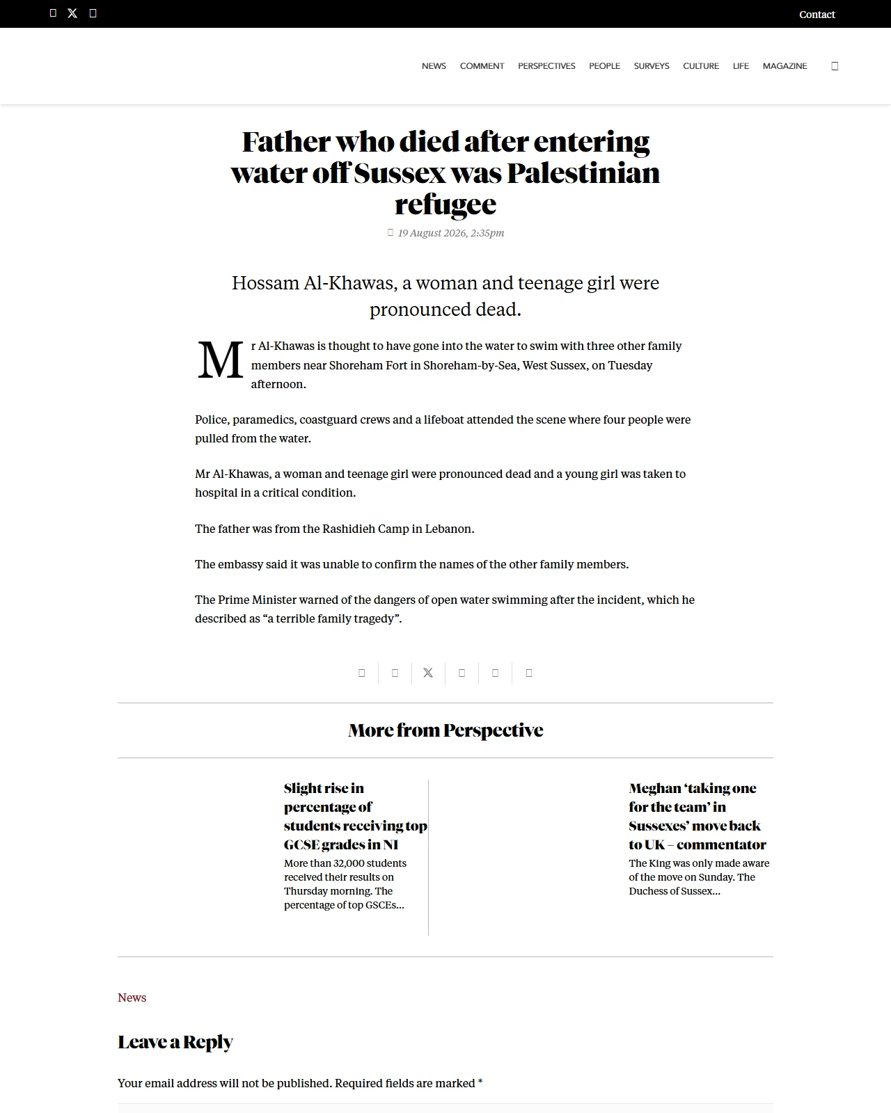 perspectivemedia.com as published: Father who died after entering water off Sussex was Palestinian refugee