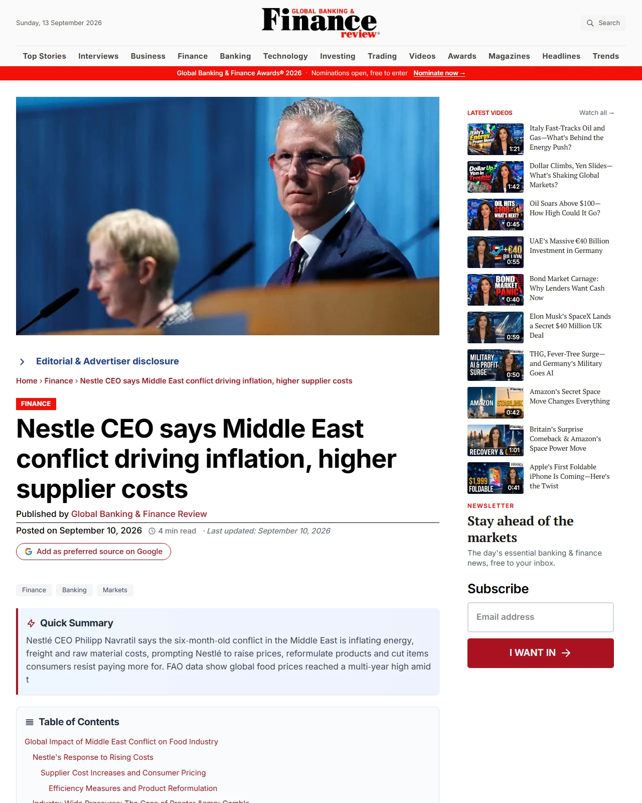 globalbankingandfinance.com as published: Nestle CEO: Middle East Conflict Fuels Inflation, Supplier Costs Rise