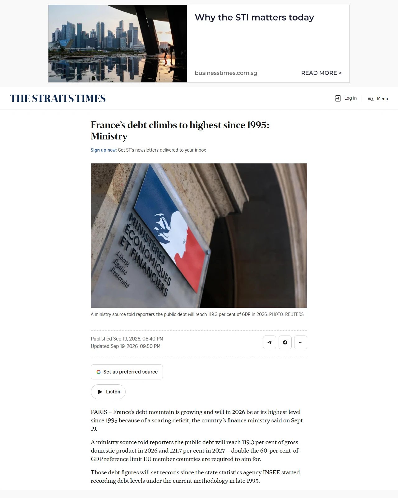 straitstimes.com as published: France’s debt climbs to highest since 1995: Ministry