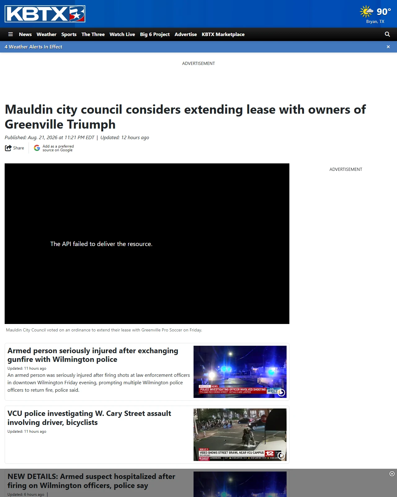kbtx.com as published: Mauldin city council considers extending lease with owners of Greenville Triumph