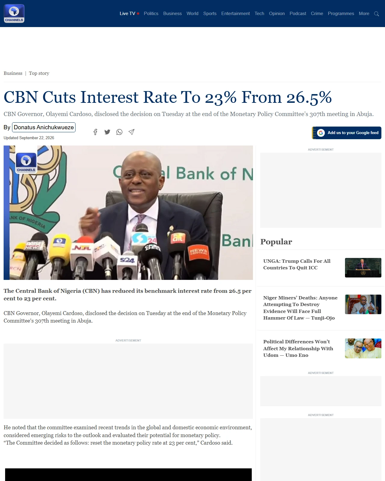 channelstv.com as published: CBN Cuts Interest Rate To 23% From 26.5%