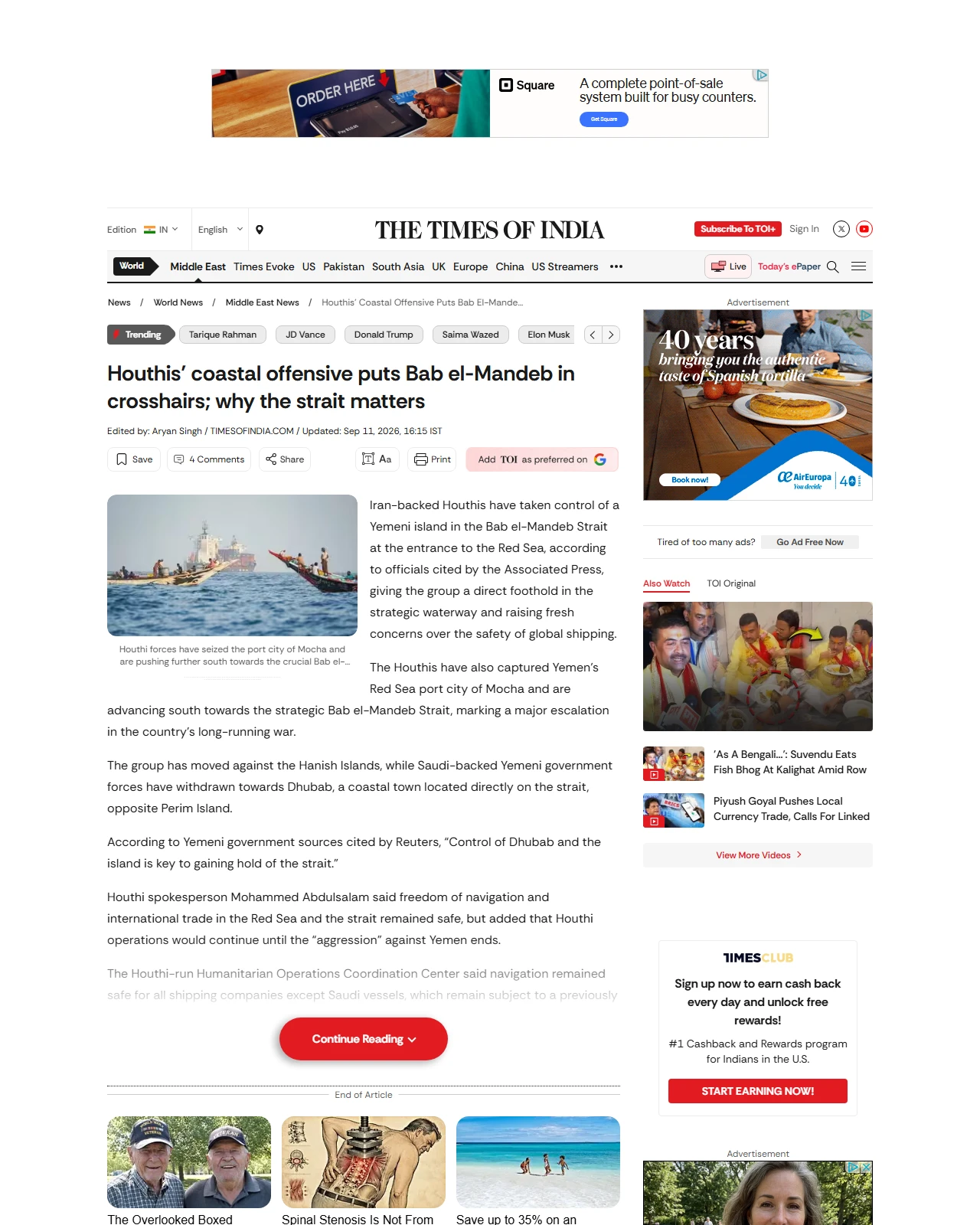 timesofindia.indiatimes.com as published: Houthis take control of island in Bab el-Mandeb Strait; vital trade artery at risk