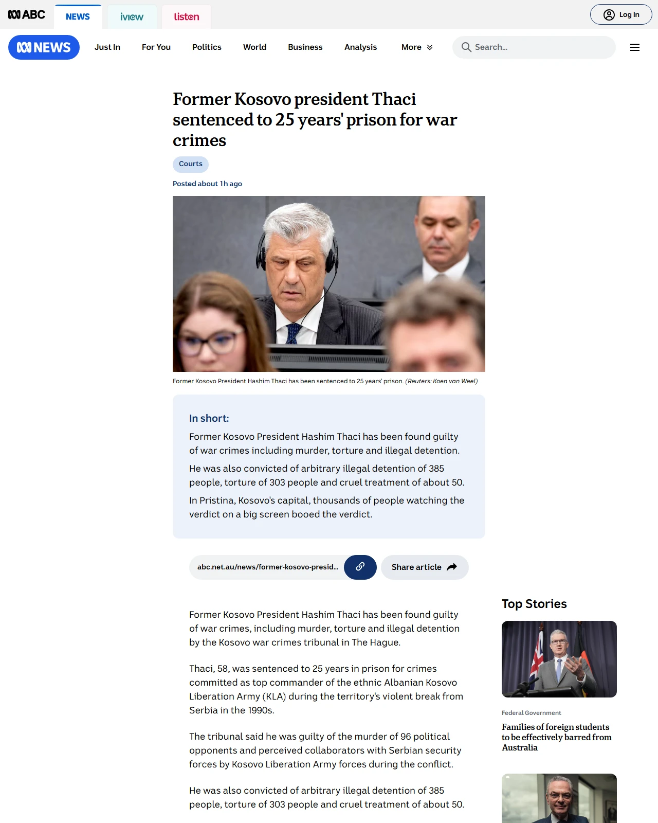 abc.net.au as published: Former Kosovo president Thaci sentenced to 25 years' prison for war crimes