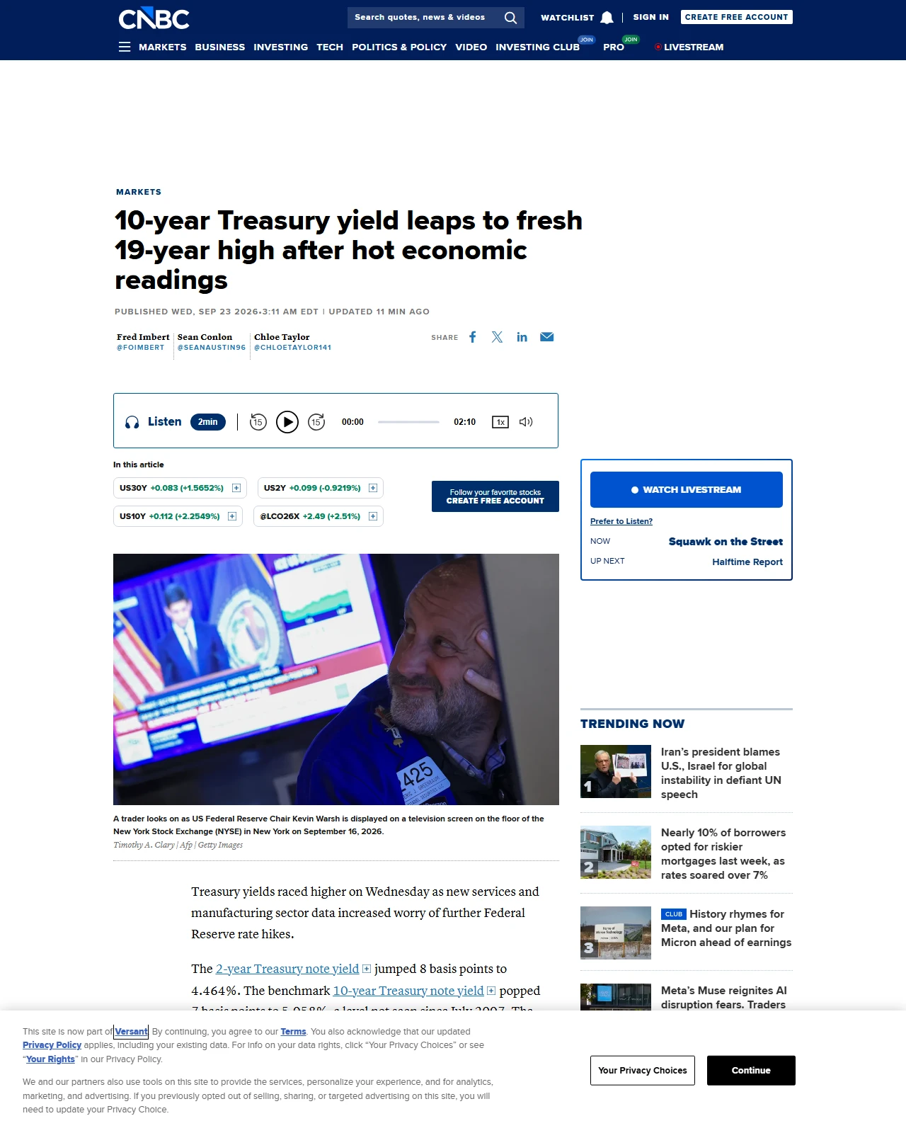 cnbc.com as published: 10-year Treasury yield leaps to fresh 19-year high after hot economic readings