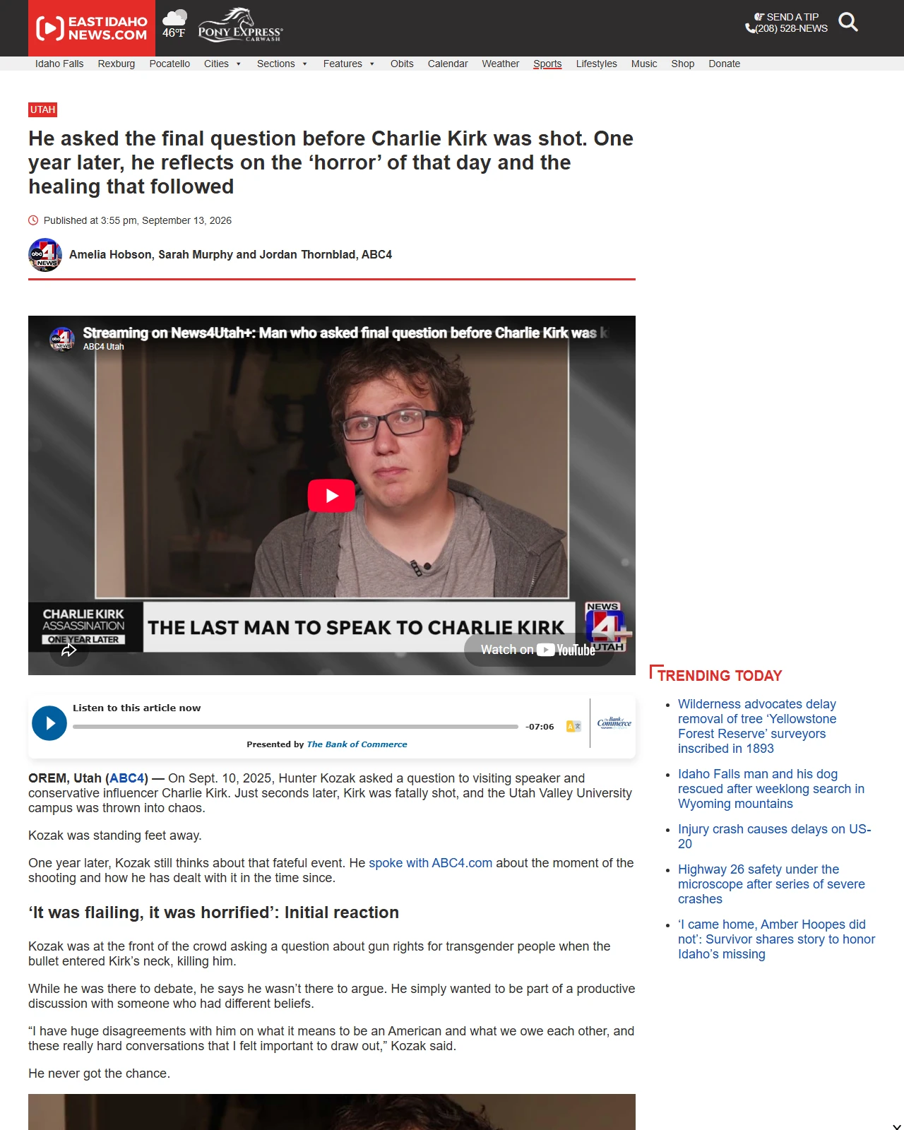 eastidahonews.com as published: He asked the final question before Charlie Kirk was shot. One year later, he reflects on the ‘horror’ of that day and the healing that followed