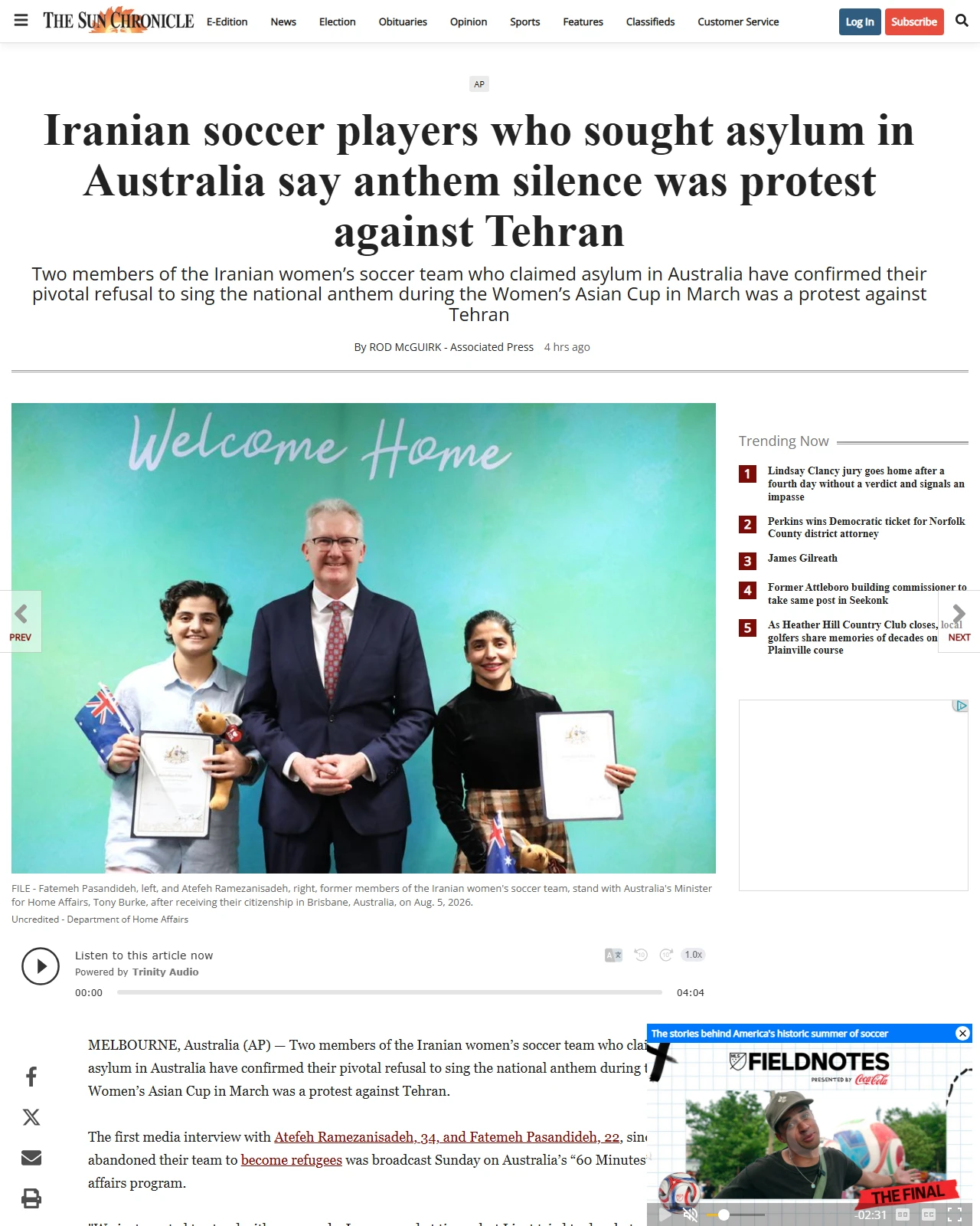 thesunchronicle.com as published: Iranian soccer players who sought asylum in Australia say anthem silence was protest against Tehran