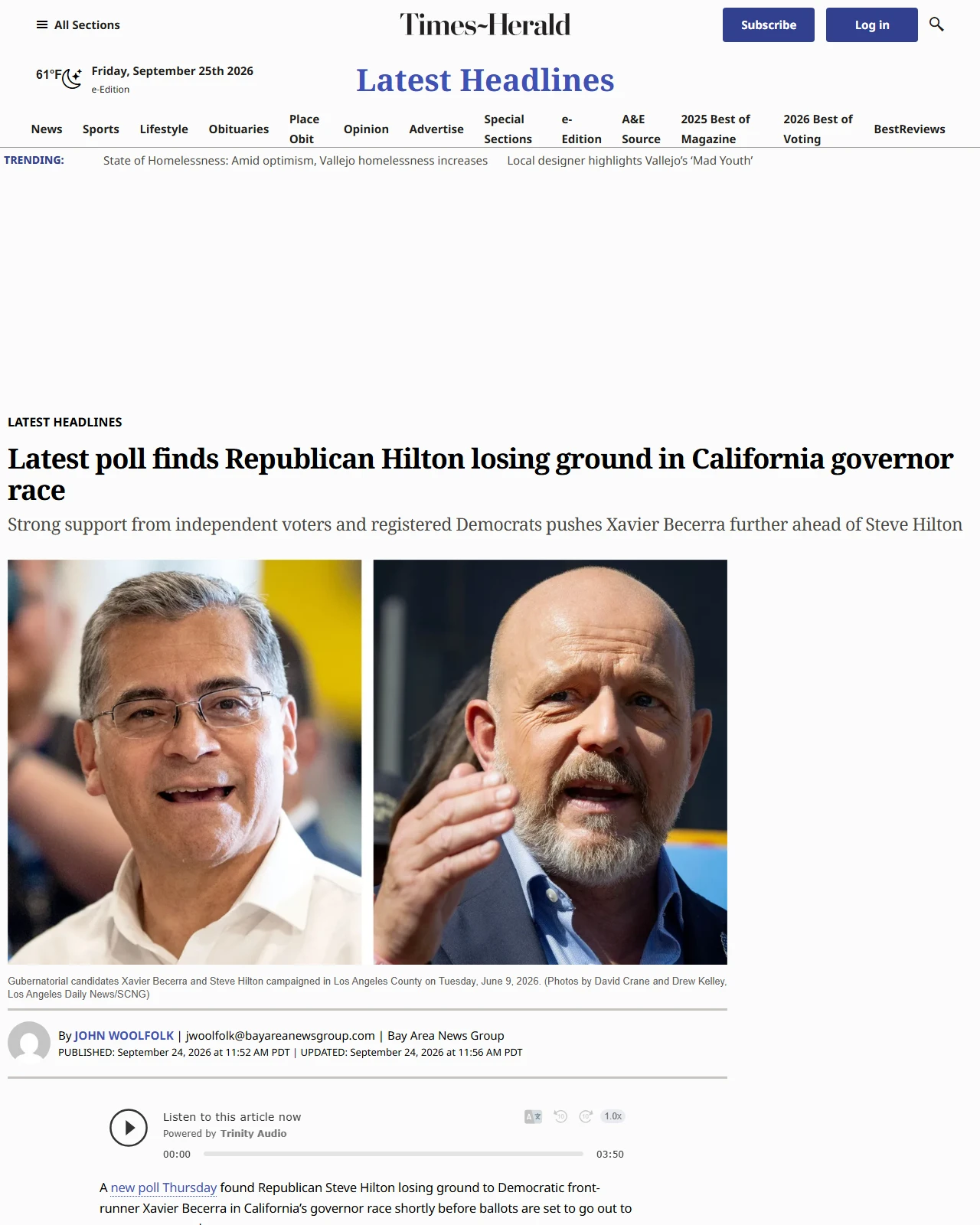 timesheraldonline.com as published: Latest poll finds Republican Hilton losing ground in California governor race