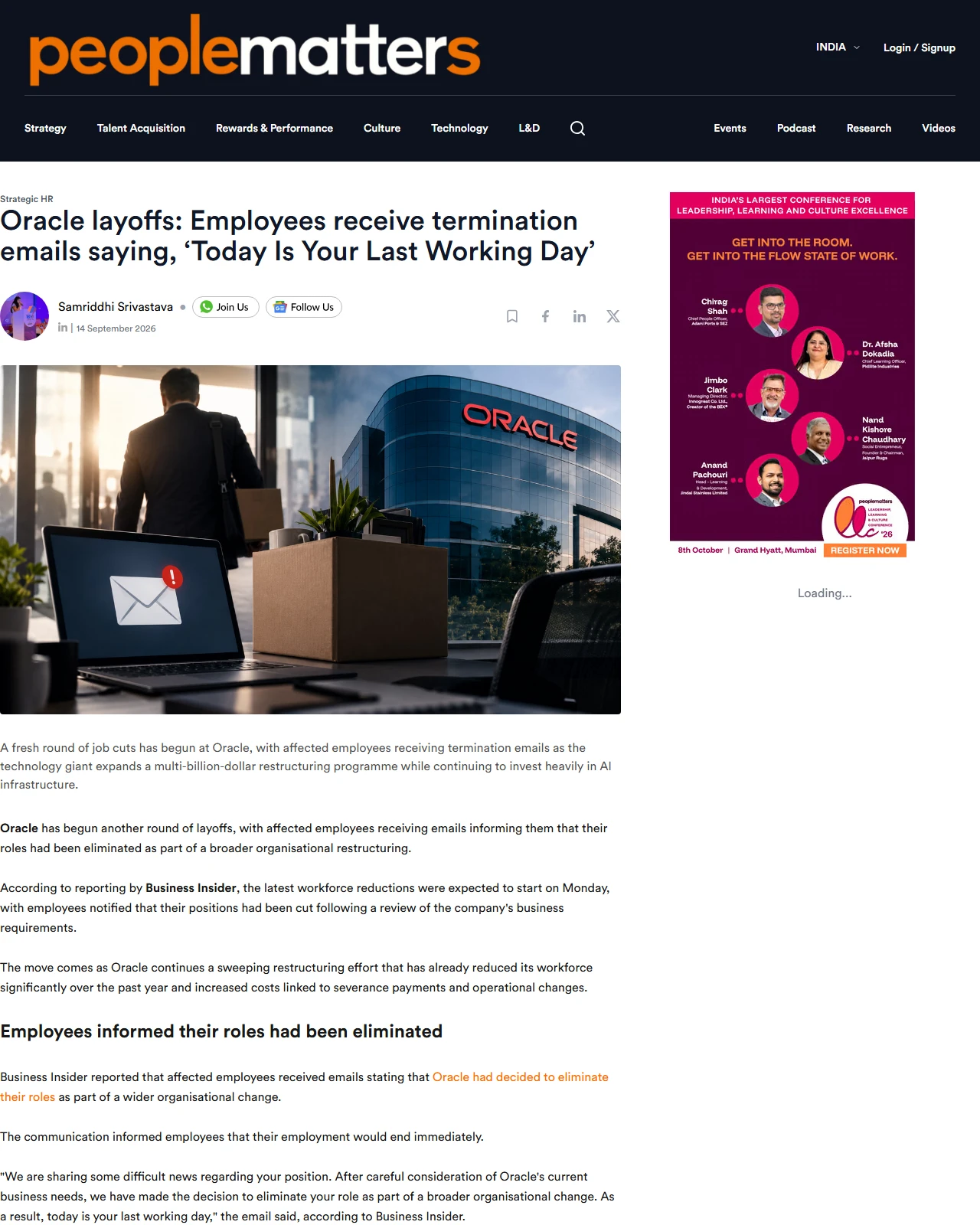 peoplematters.in as published: Oracle layoffs: Employees receive termination emails saying, ‘Today Is Your Last Working Day’ - People Matters