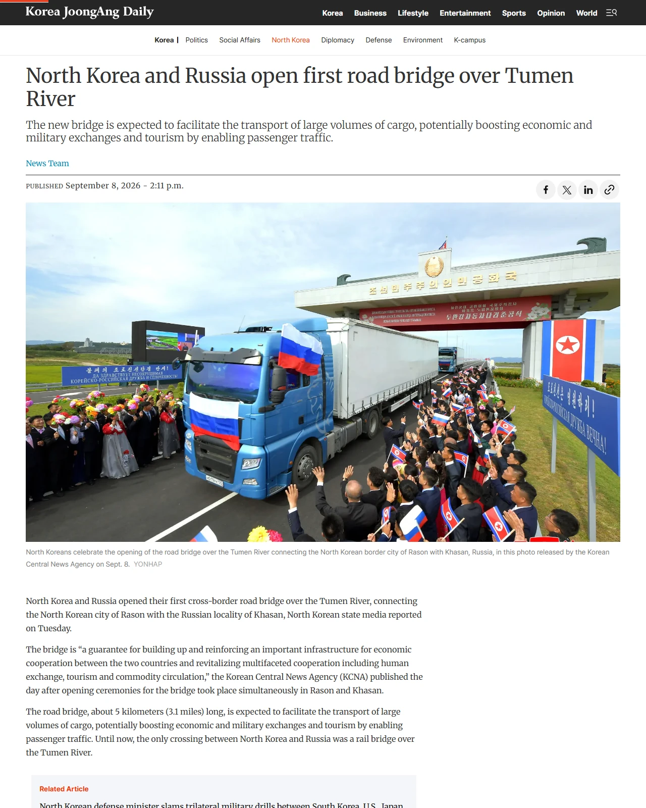 koreajoongangdaily.com as published: North Korea and Russia open first road bridge over Tumen River