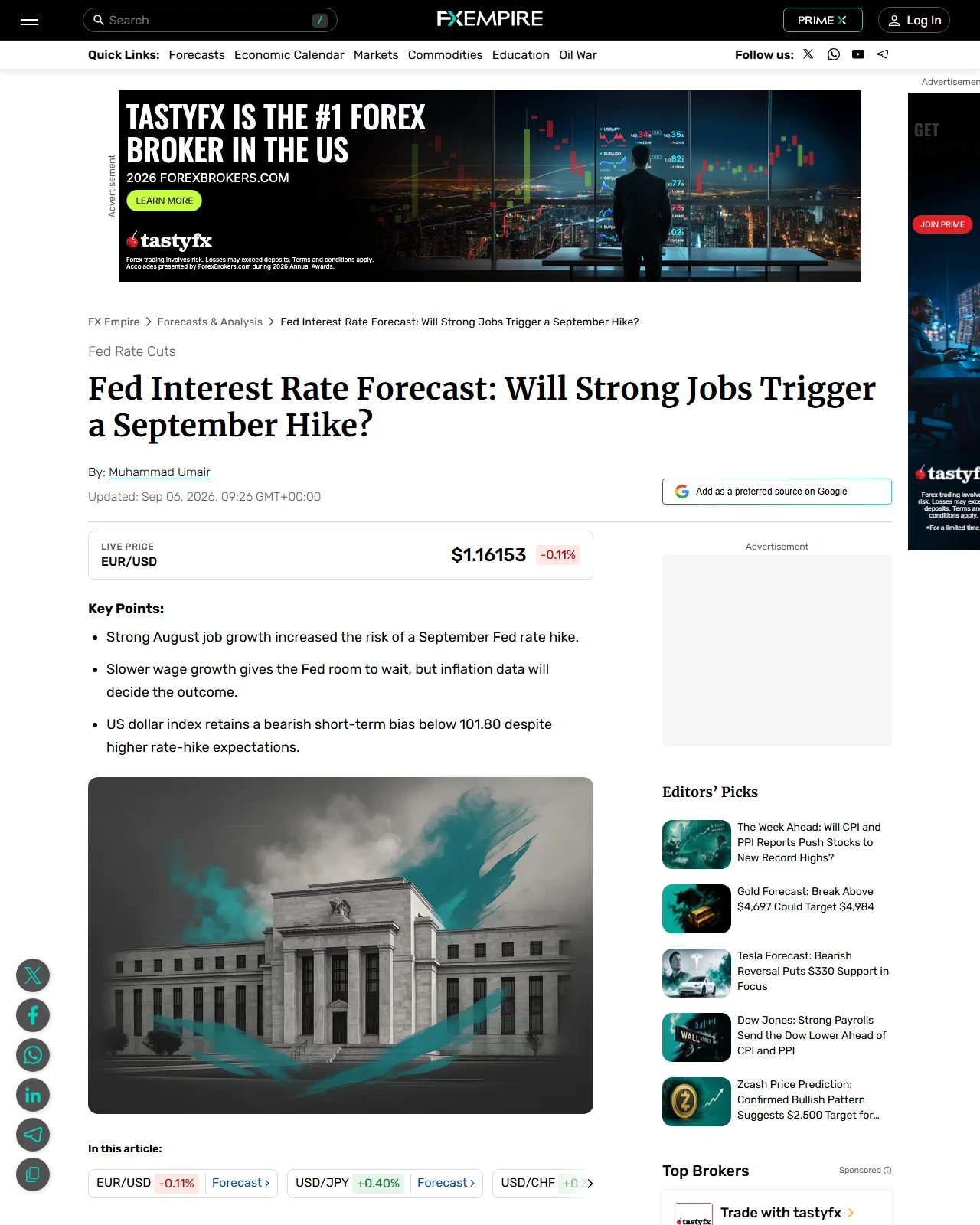fxempire.com as published: Fed Interest Rate Forecast: Will Strong Jobs Trigger a September Hike?