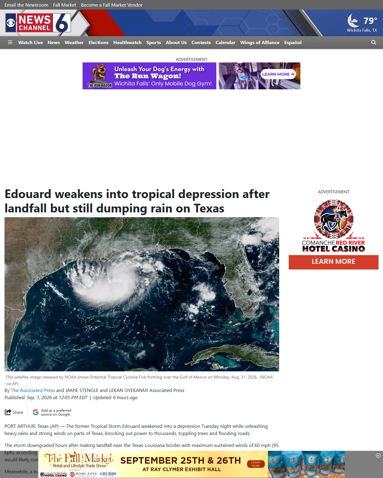 newschannel6now.com as published: Edouard weakens into tropical depression after landfall but still dumping rain on Texas