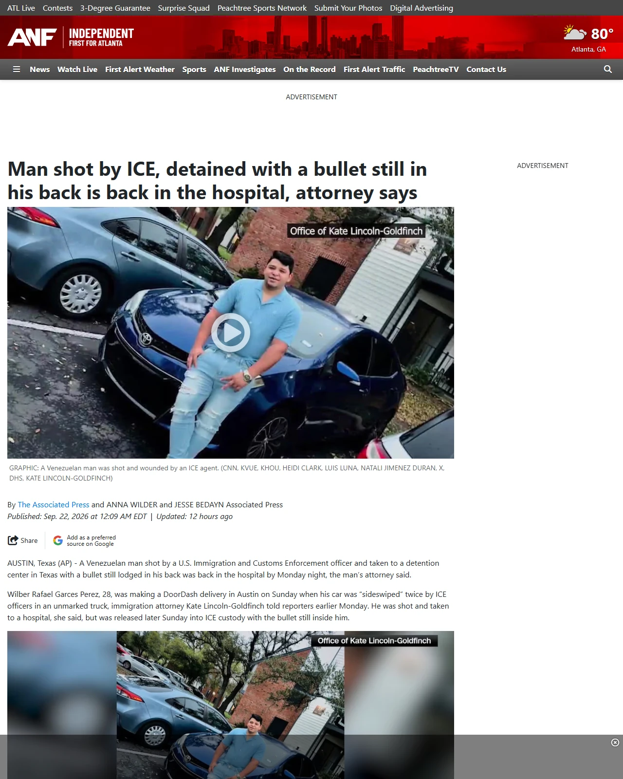 atlantanewsfirst.com as published: Man shot by ICE, detained with a bullet still in his back is back in the hospital, attorney says
