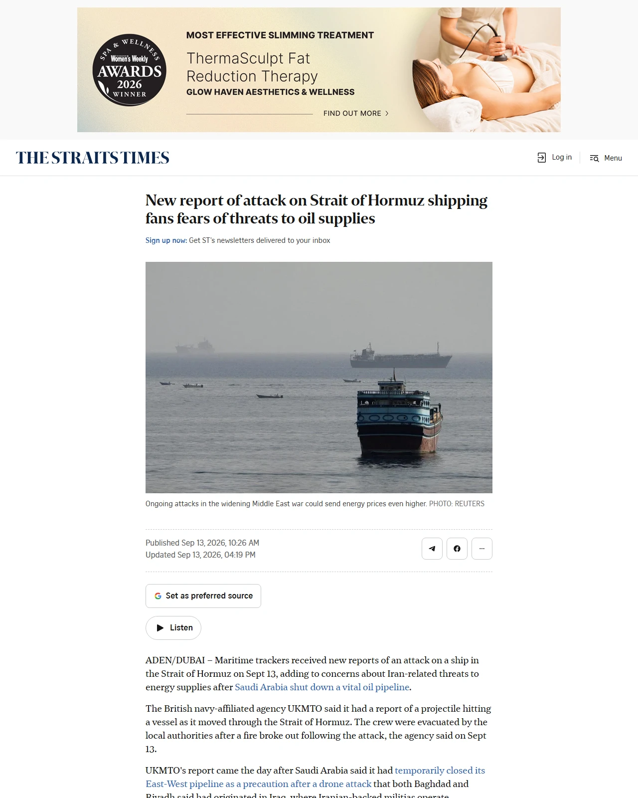 straitstimes.com as published: New report of attack on Strait of Hormuz shipping fans fears of threats to oil supplies