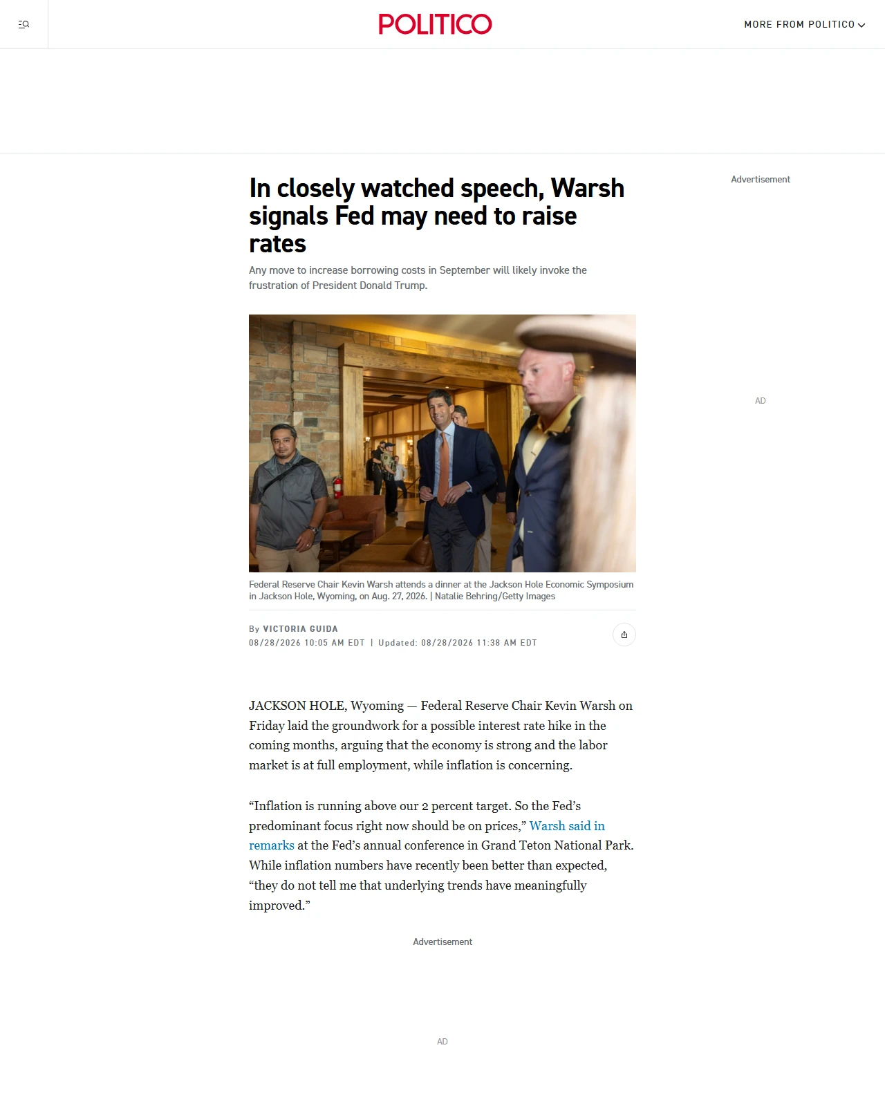 politico.com as published: In closely watched speech, Warsh signals Fed may need to raise rates