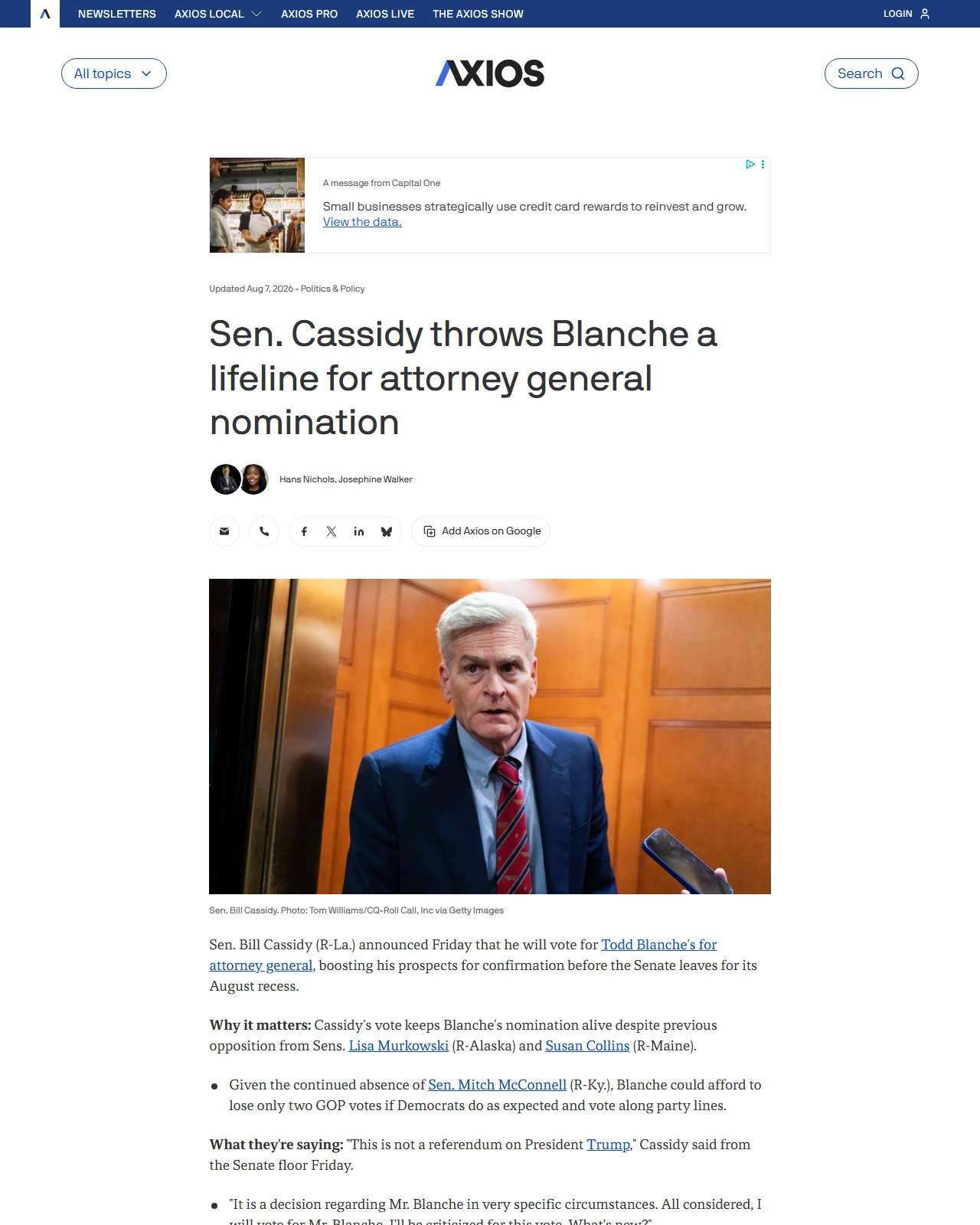 axios.com as published: Sen. Cassidy throws Blanche a lifeline for attorney general nomination