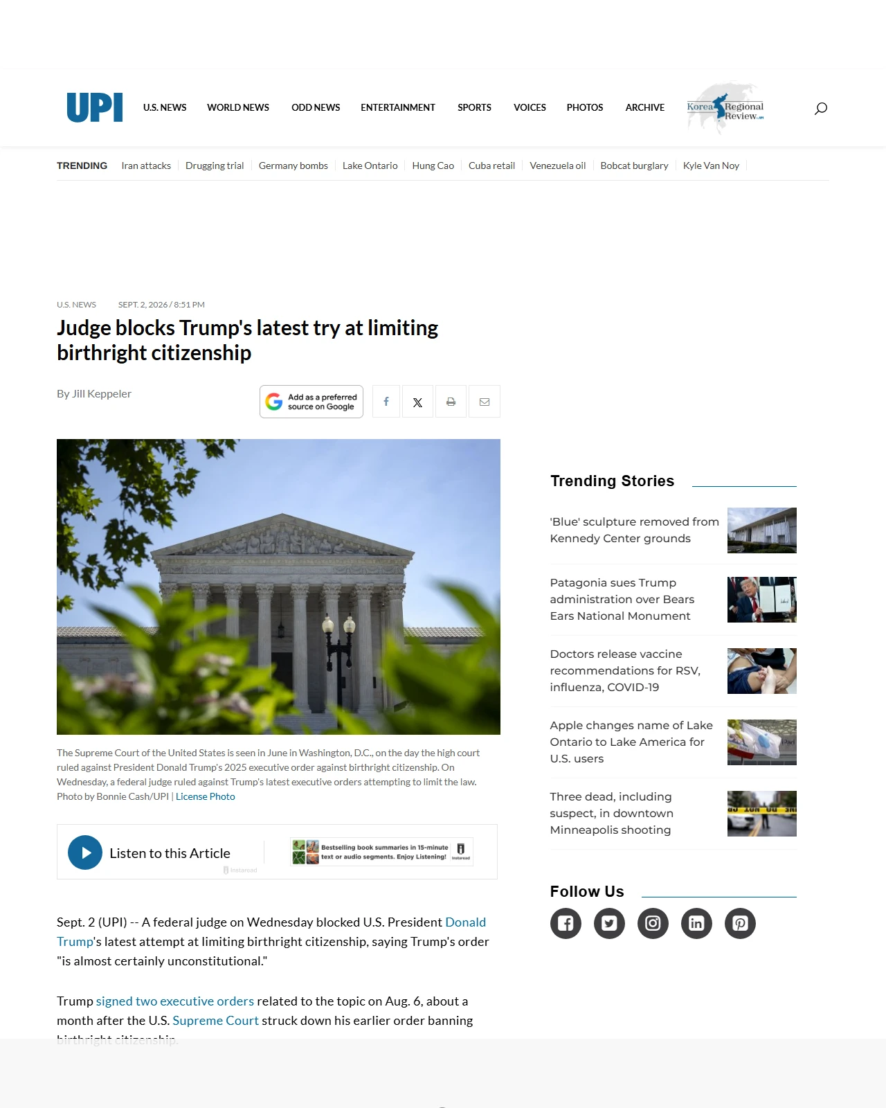 upi.com as published: Judge blocks Trump’s latest try at limiting birthright citizenship