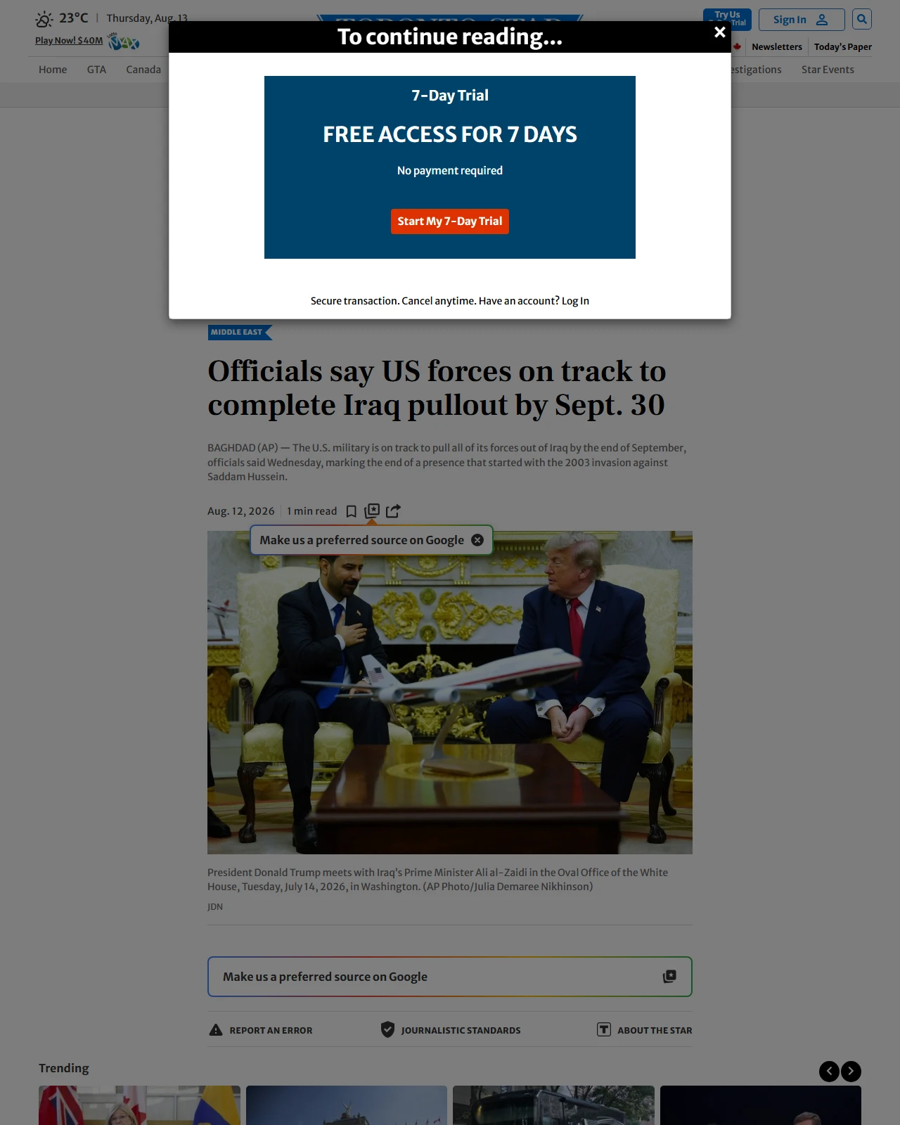 thestar.com as published: Officials say US forces on track to complete Iraq pullout by Sept. 30
