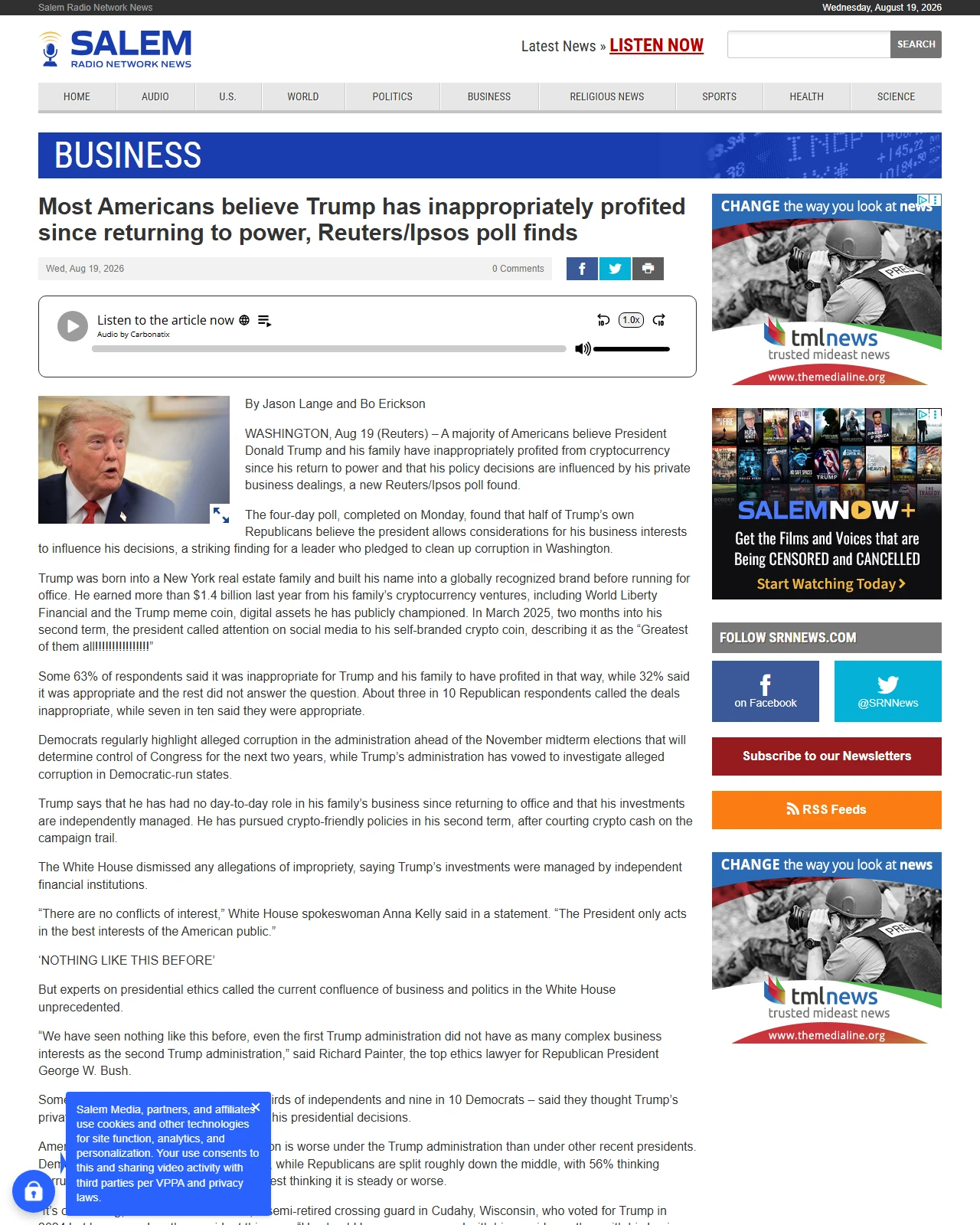 srnnews.com as published: Most Americans believe Trump has inappropriately profited since returning to power, Reuters/Ipsos poll finds