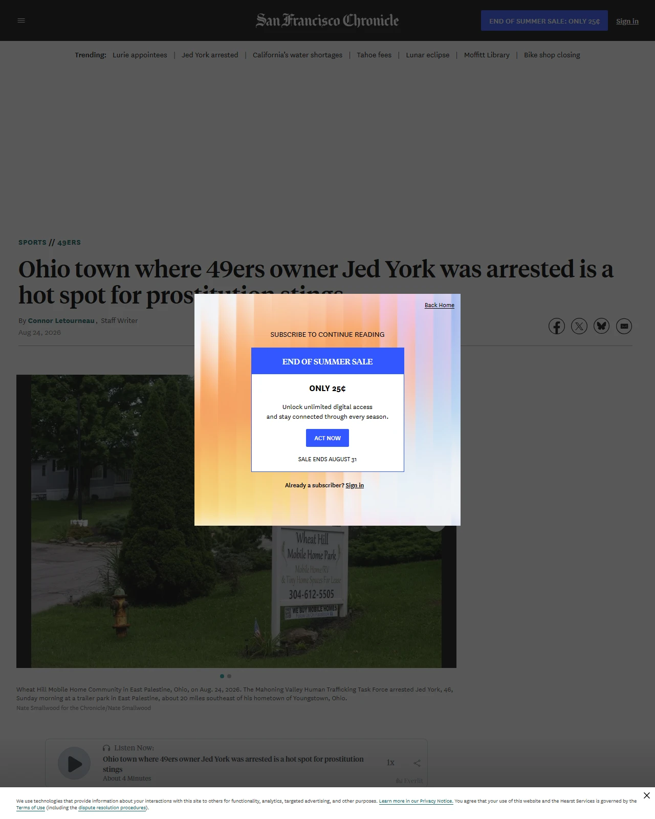 sfchronicle.com as published: Ohio town where 49ers owner Jed York was arrested is a hot spot for prostitution stings