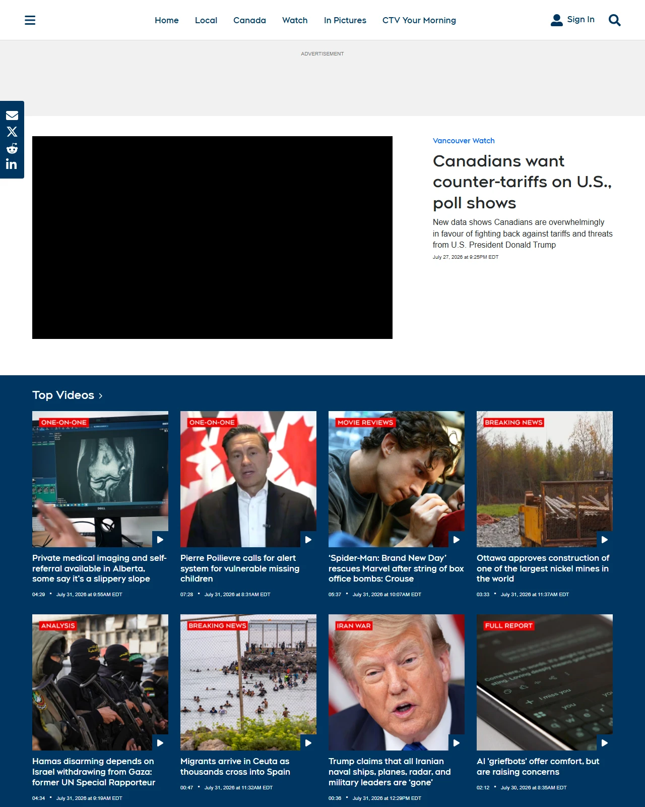 ctvnews.ca as published: Canadians want counter-tariffs on U.S., poll shows