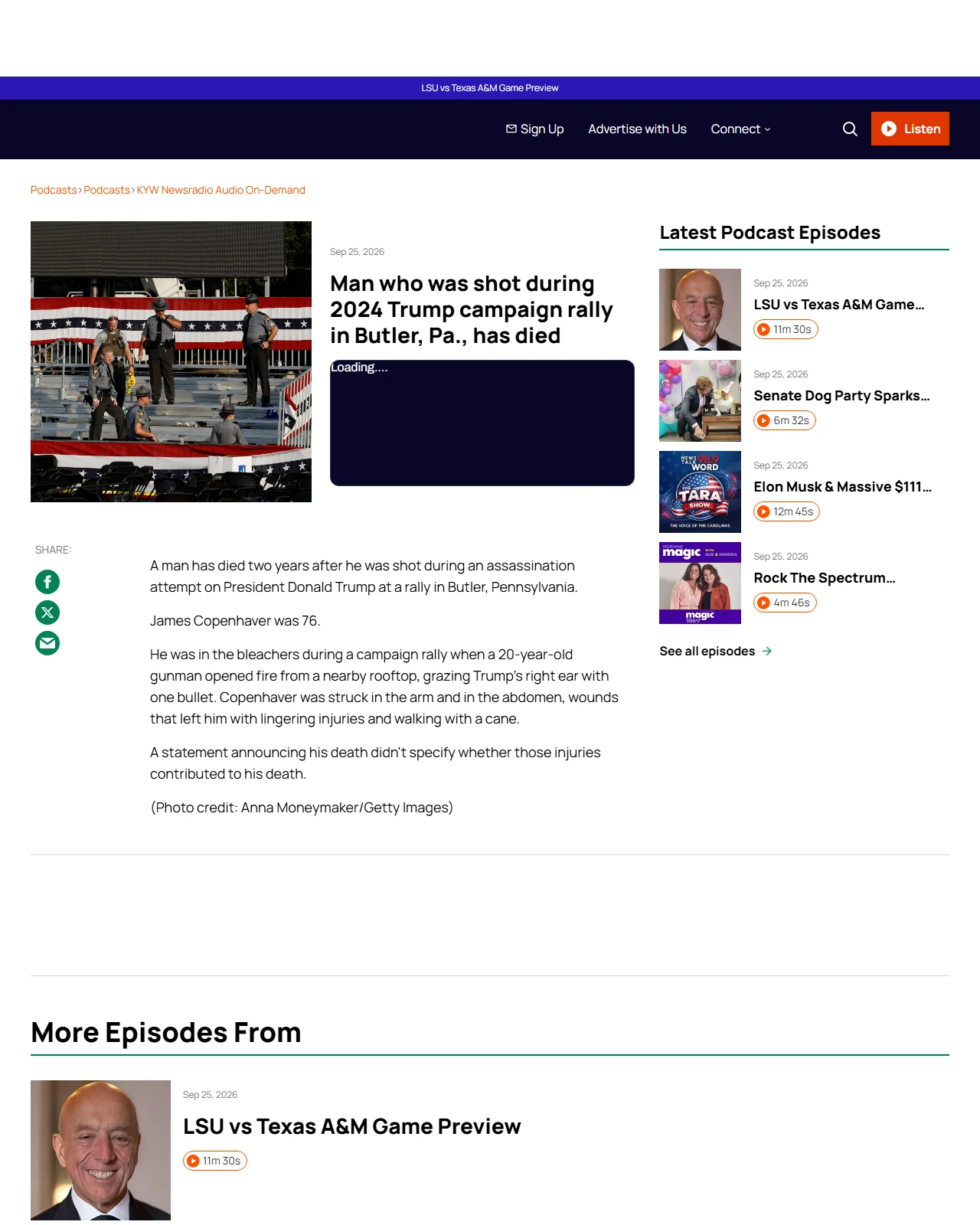 audacy.com as published: Man who was shot during 2024 Trump campaign rally in Butler, Pa., has died