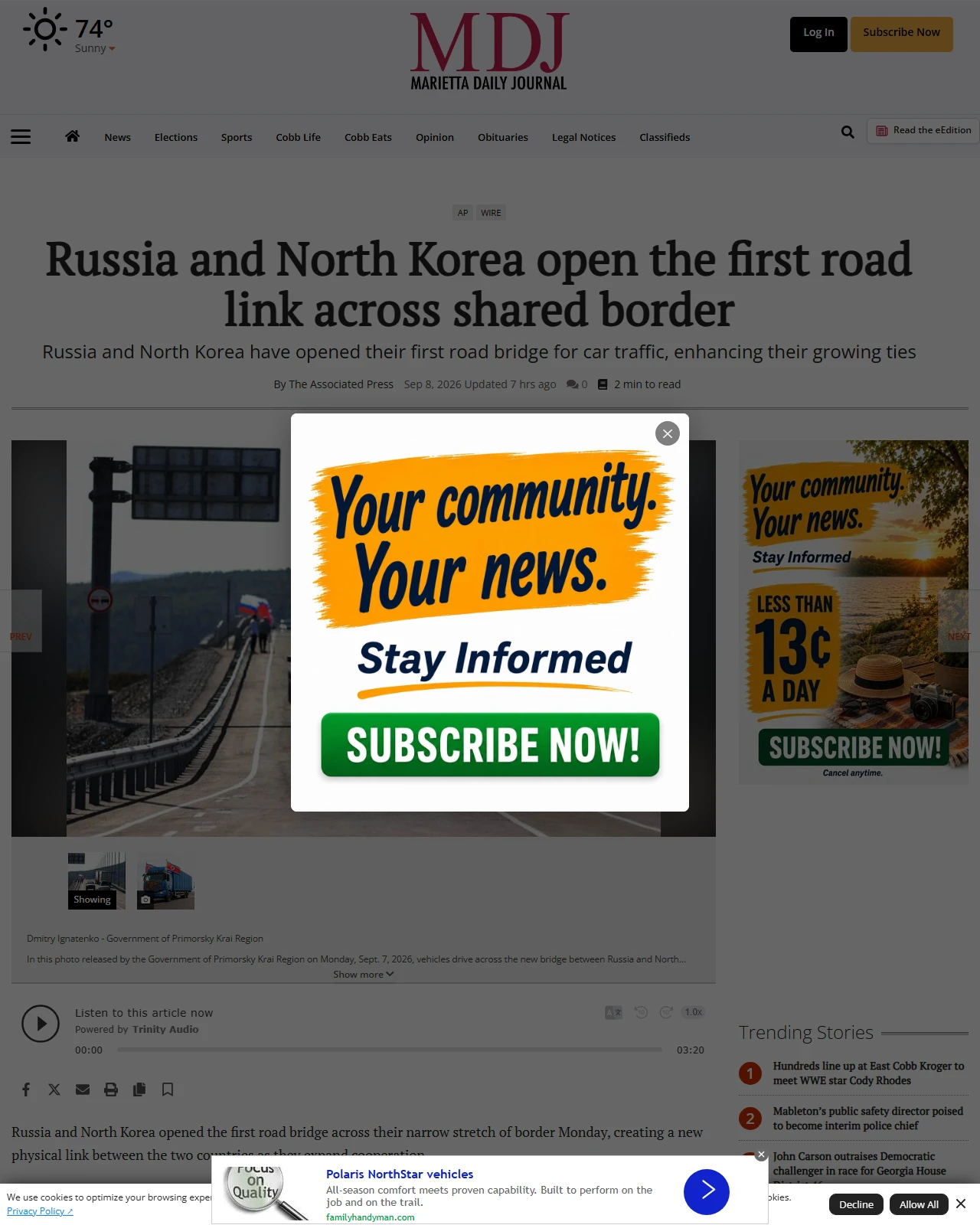 mdjonline.com as published: Russia and North Korea open the first road link across shared border