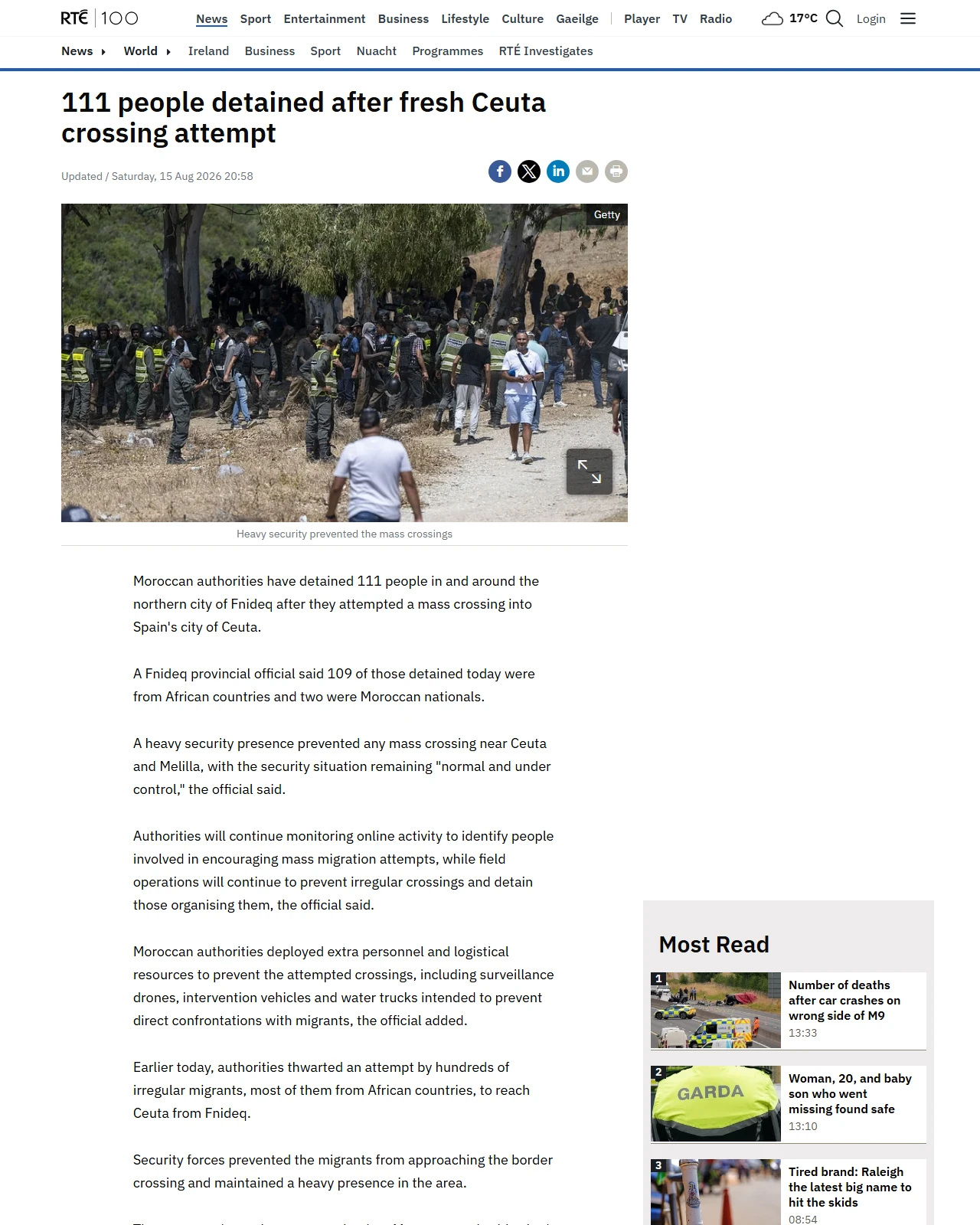 rte.ie as published: 111 people detained after fresh Ceuta crossing attempt