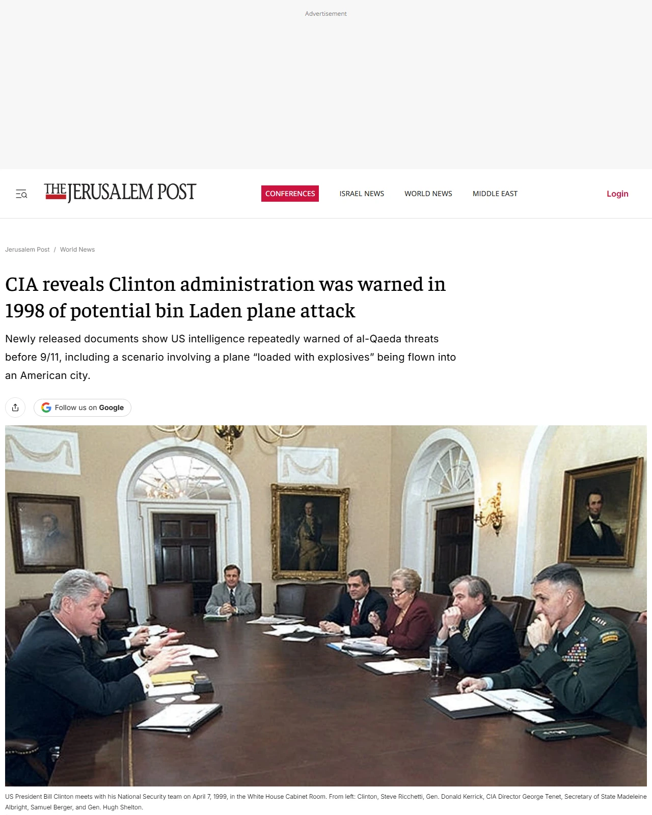 jpost.com as published: New CIA files reveal Bill Clinton warned of bin Laden threat before 9/11