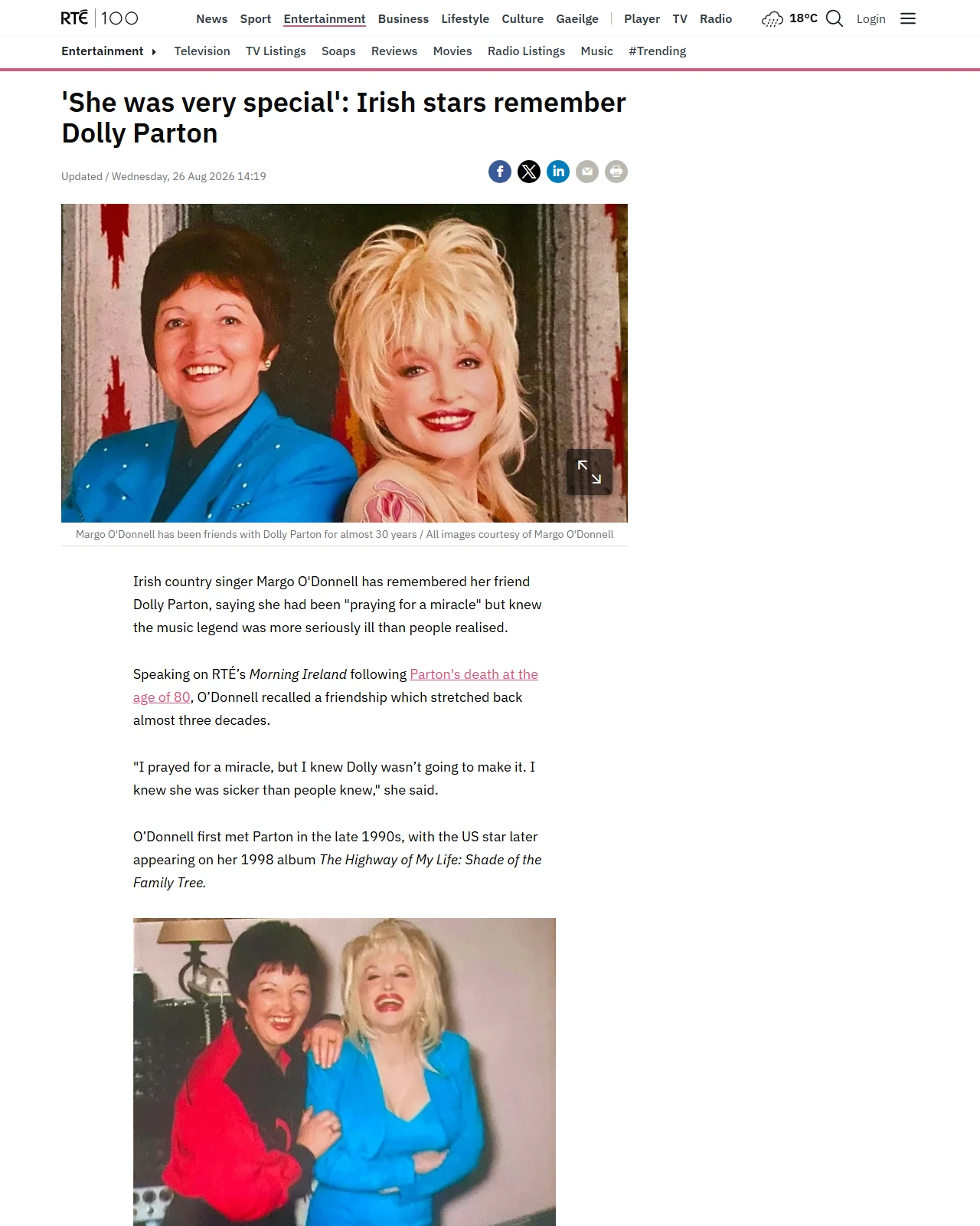 rte.ie as published: 'She was very special': Irish stars remember Dolly Parton