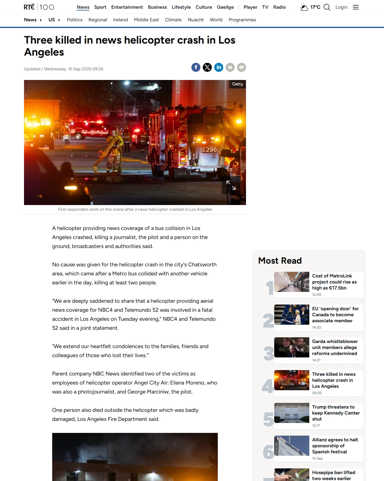 rte.ie as published: Three killed in news helicopter crash in Los Angeles