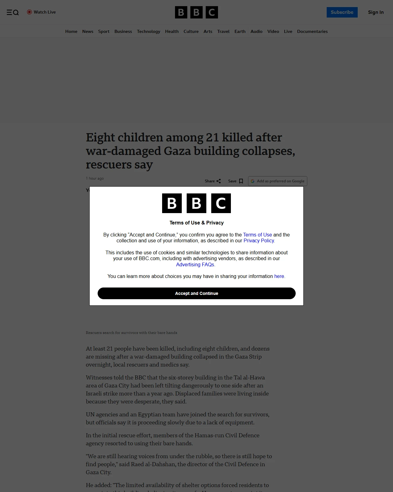 bbc.co.uk as published: Eight children among 21 killed after war-damaged Gaza building collapses, rescuers say