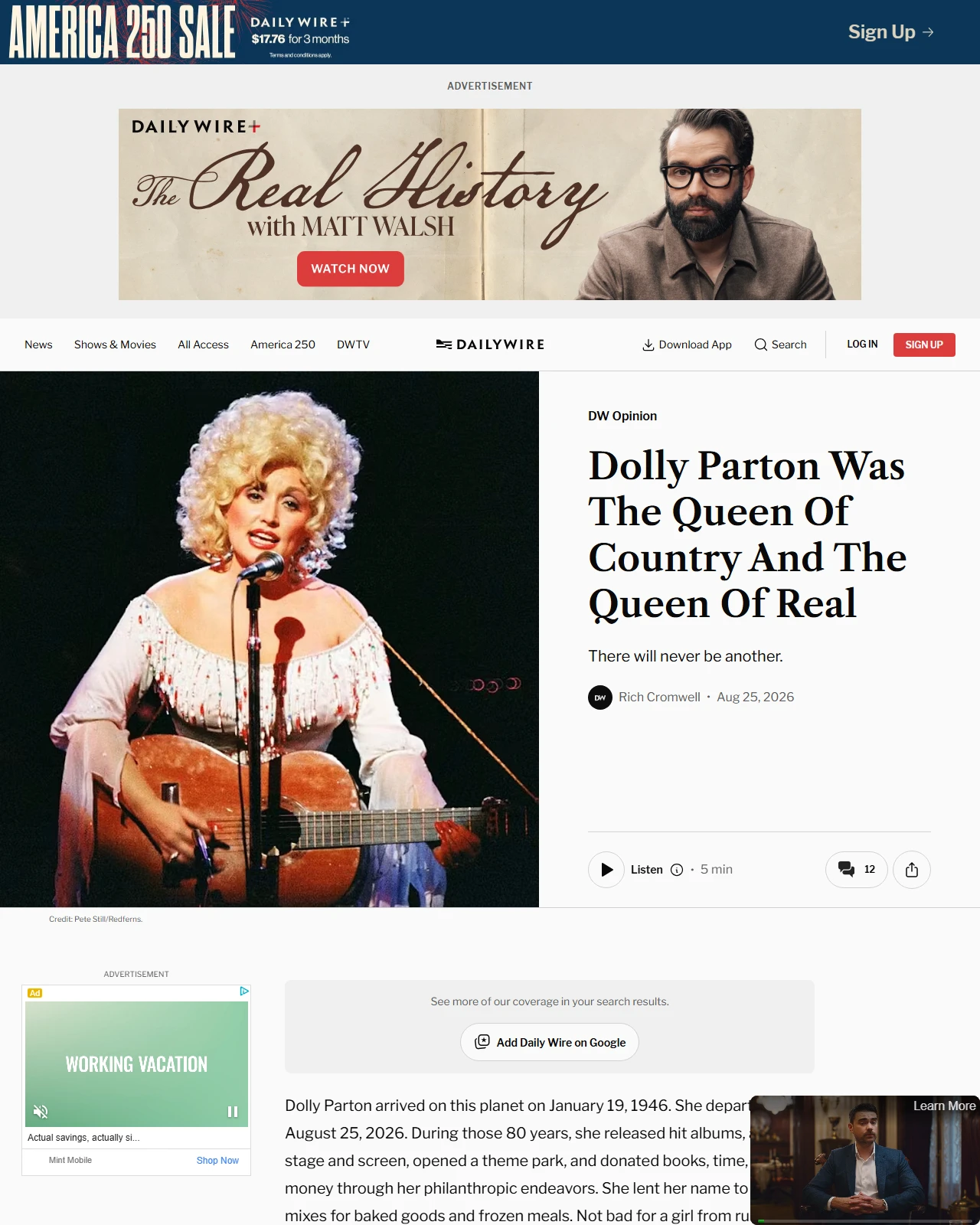 dailywire.com as published: Dolly Parton Was The Queen Of Country And The Queen Of Real