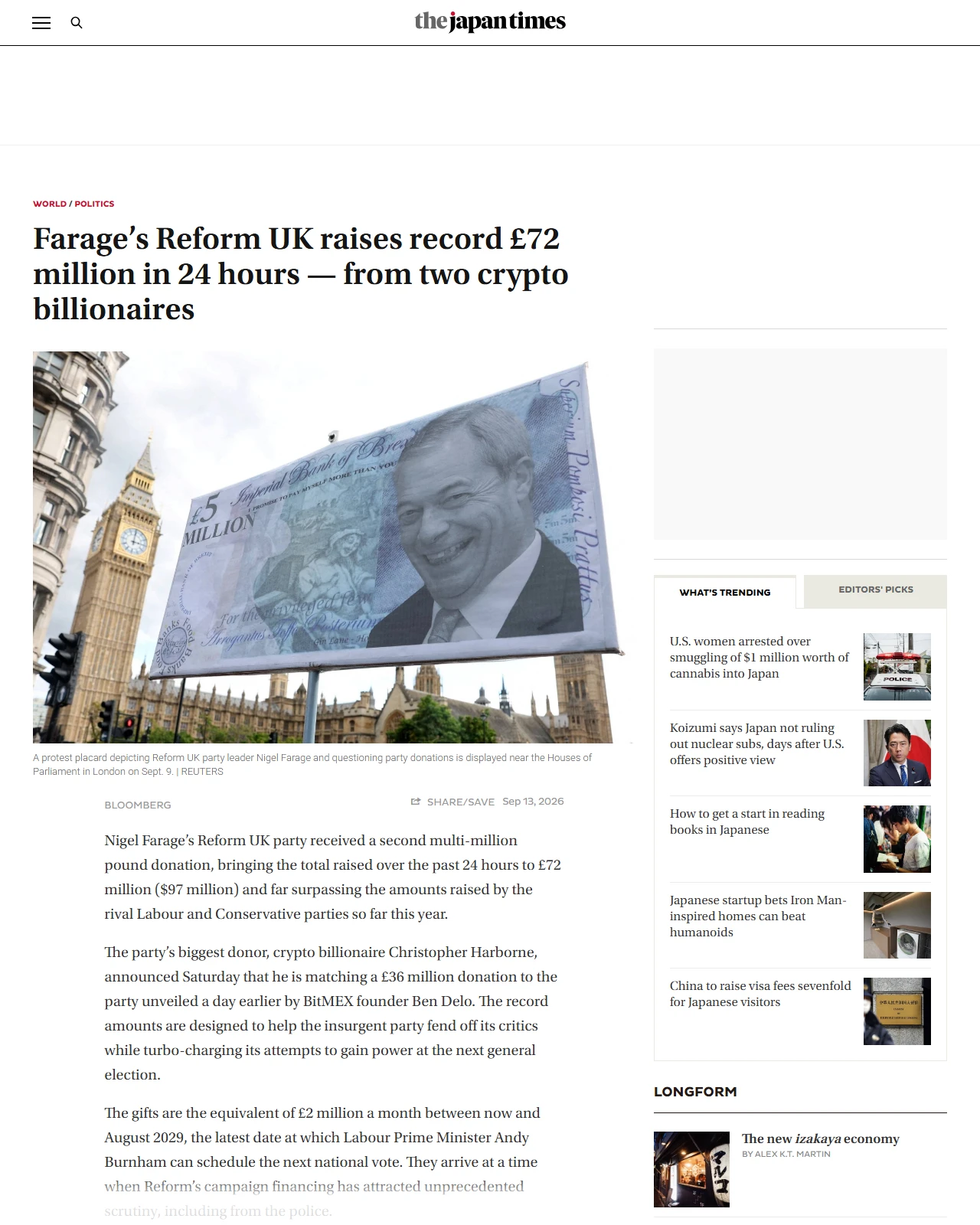 japantimes.co.jp as published: Farage’s Reform UK raises record £72 million in 24 hours — from two crypto billionaires