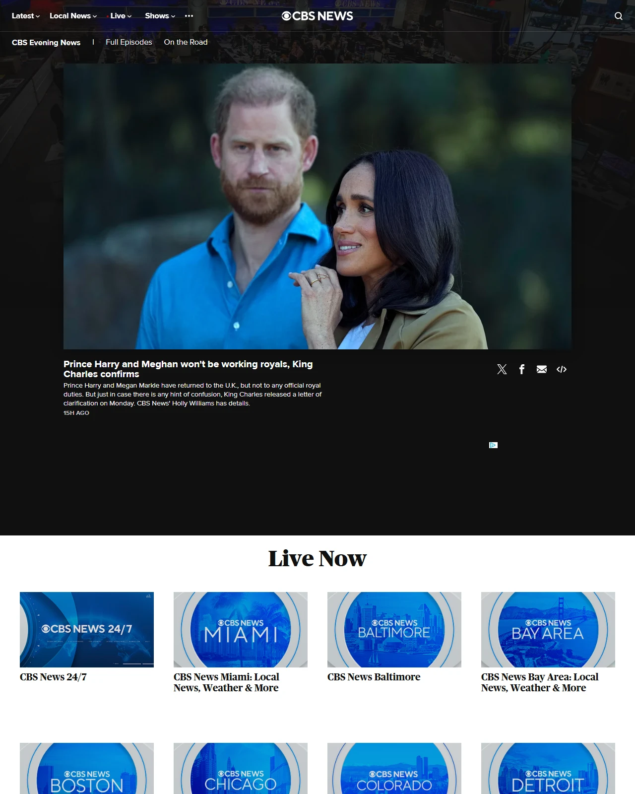 cbsnews.com as published: Prince Harry and Meghan won't be working royals, King Charles confirms