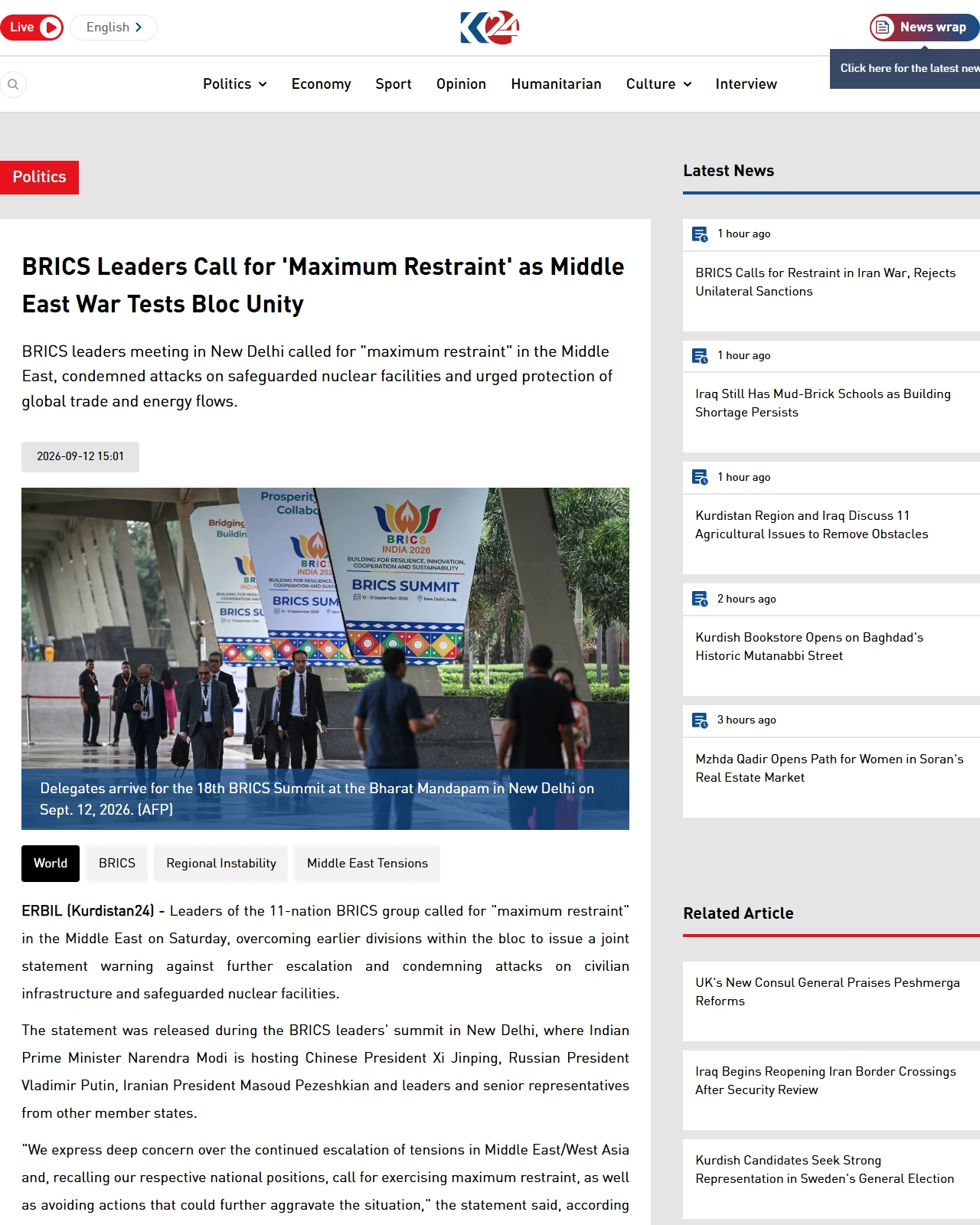 kurdistan24.net as published: BRICS Leaders Call for 'Maximum Restraint' as Middle East War Tests Bloc Unity