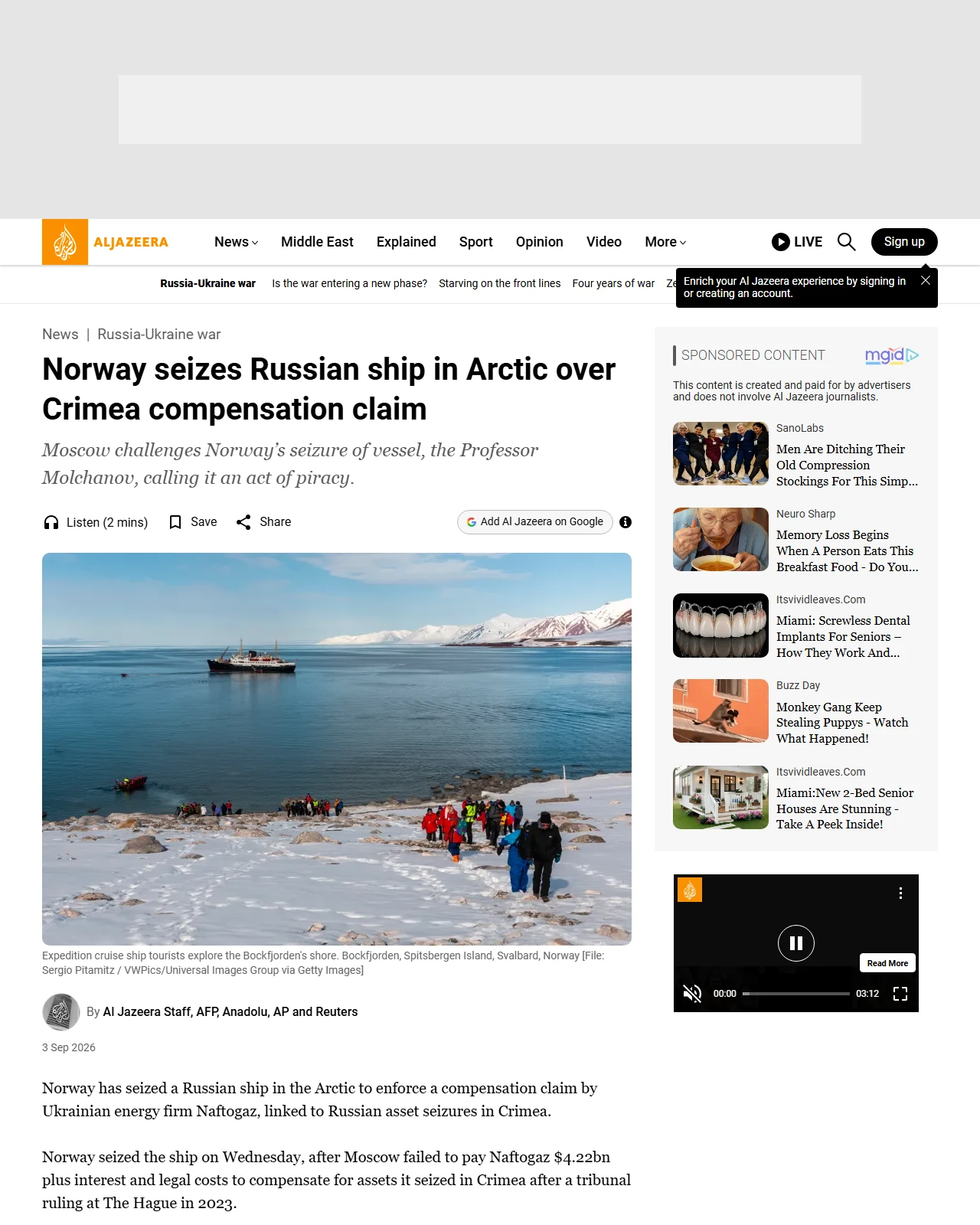 aljazeera.com as published: Norway seizes Russian ship in Arctic over Crimea compensation claim