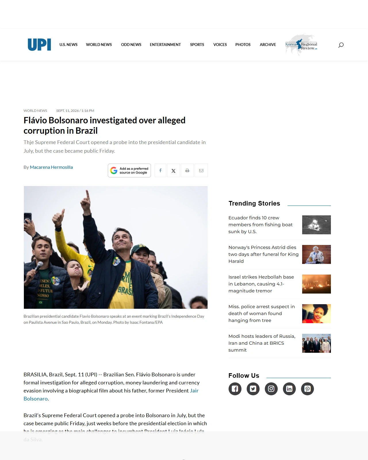 upi.com as published: Flávio Bolsonaro investigated over alleged corruption in Brazil