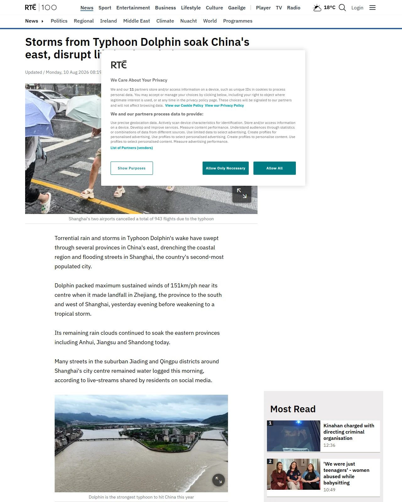 rte.ie as published: Storms from Typhoon Dolphin soak China's east