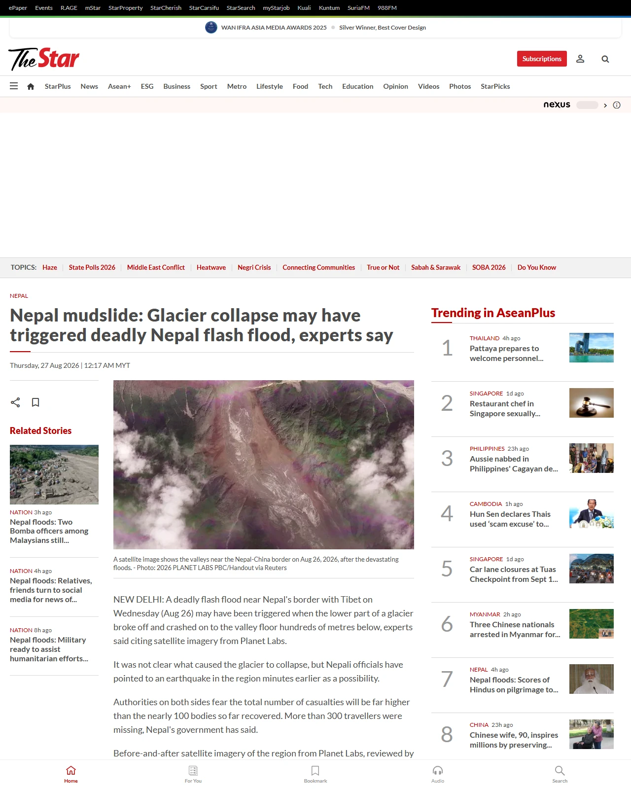 thestar.com.my as published: Nepal mudslide: Glacier collapse may have triggered deadly Nepal flash flood, experts say
